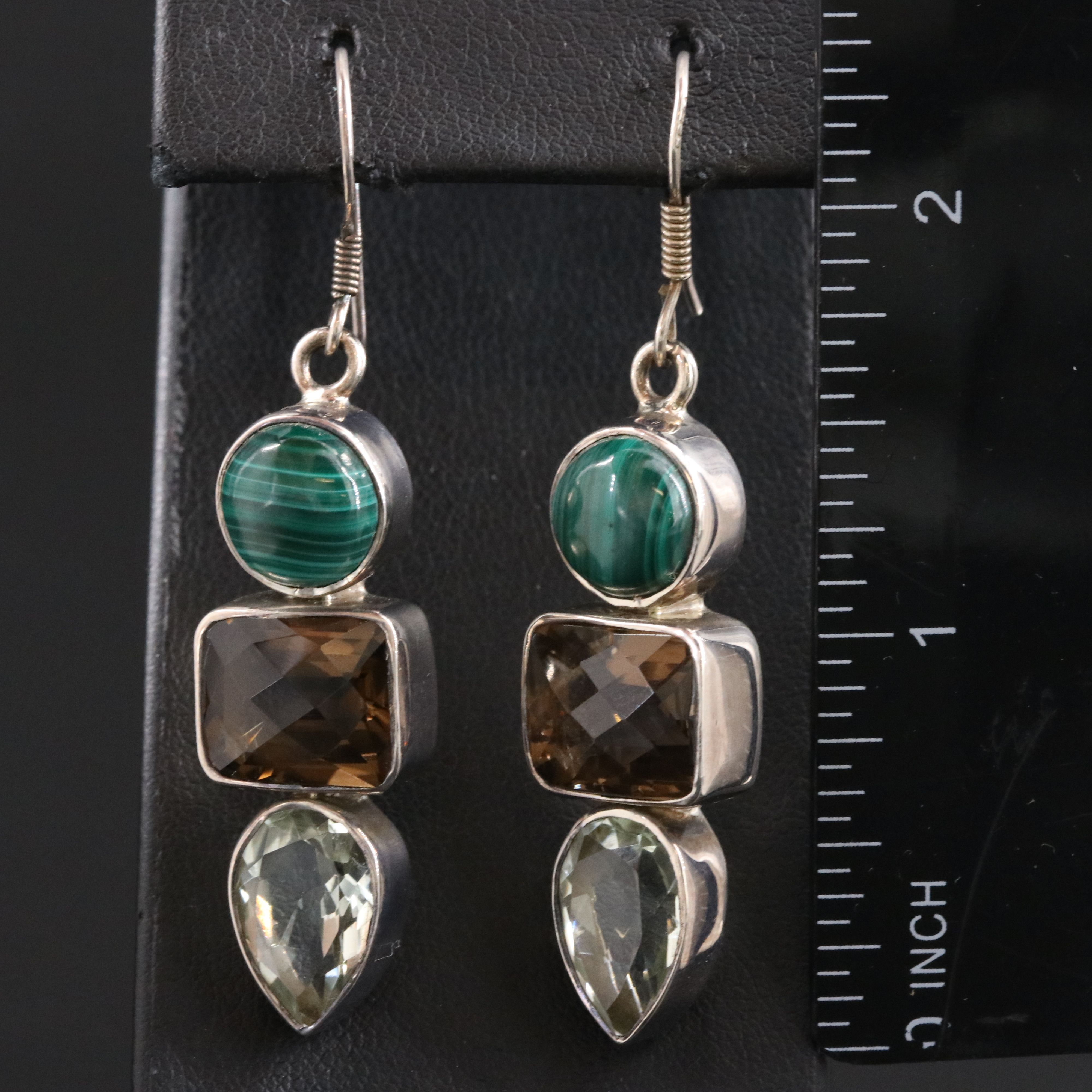 Sterling Malachite, Smoky Quartz and Prasiolite Drop Earrings