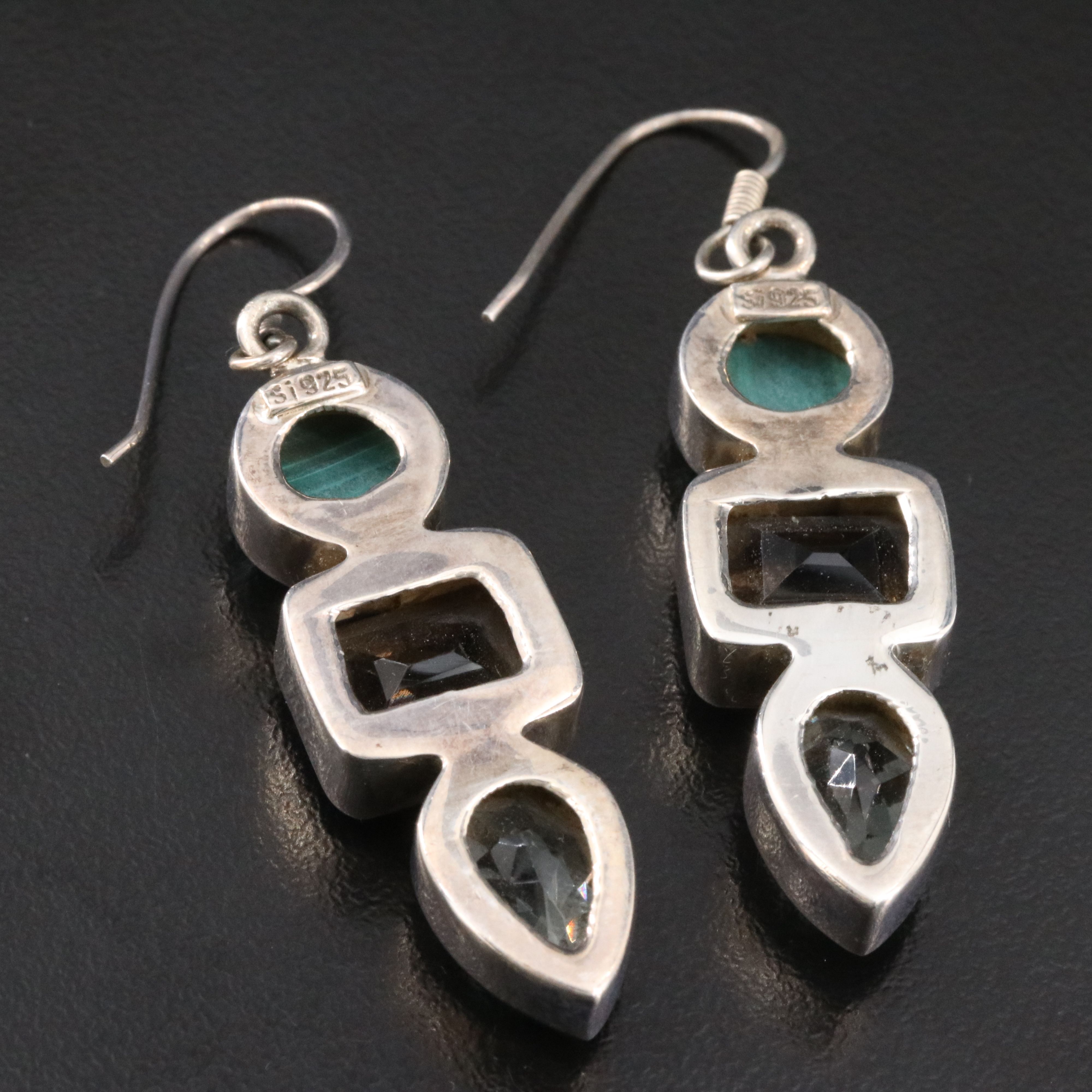 Sterling Malachite, Smoky Quartz and Prasiolite Drop Earrings