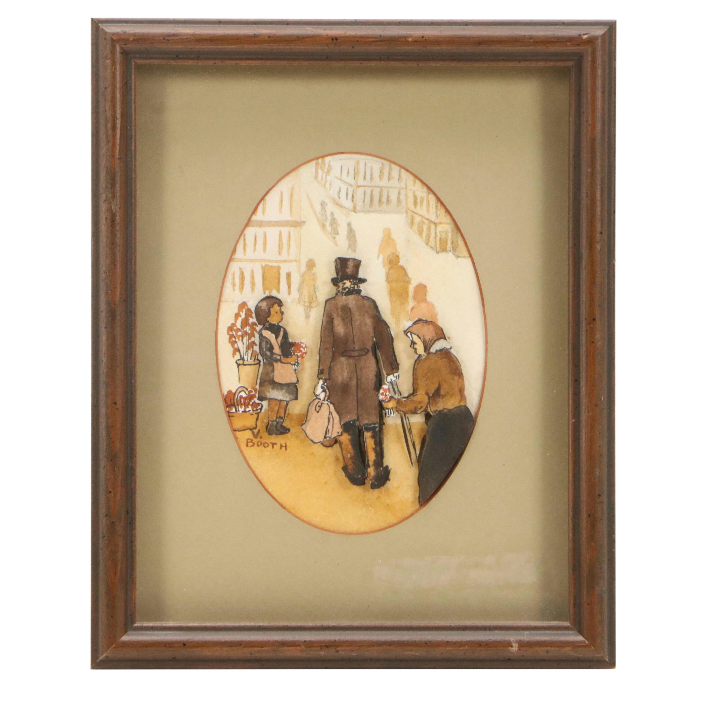 Watercolor Narrative Scene with 3D Elements, Late 20th Century