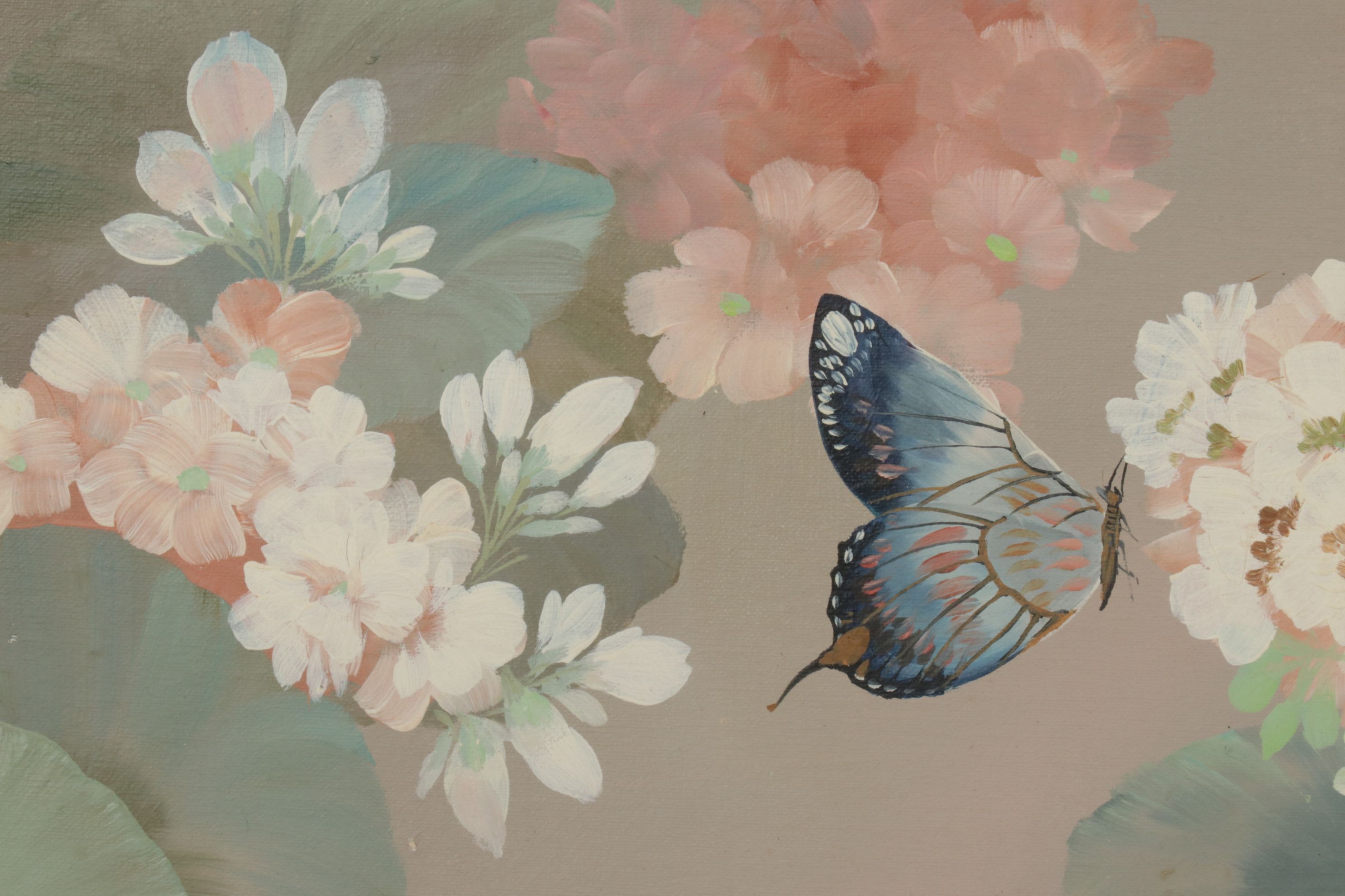 Rico Tamaso Oil Painting Scene of Butterflies Amongst Blossoming Flowers,