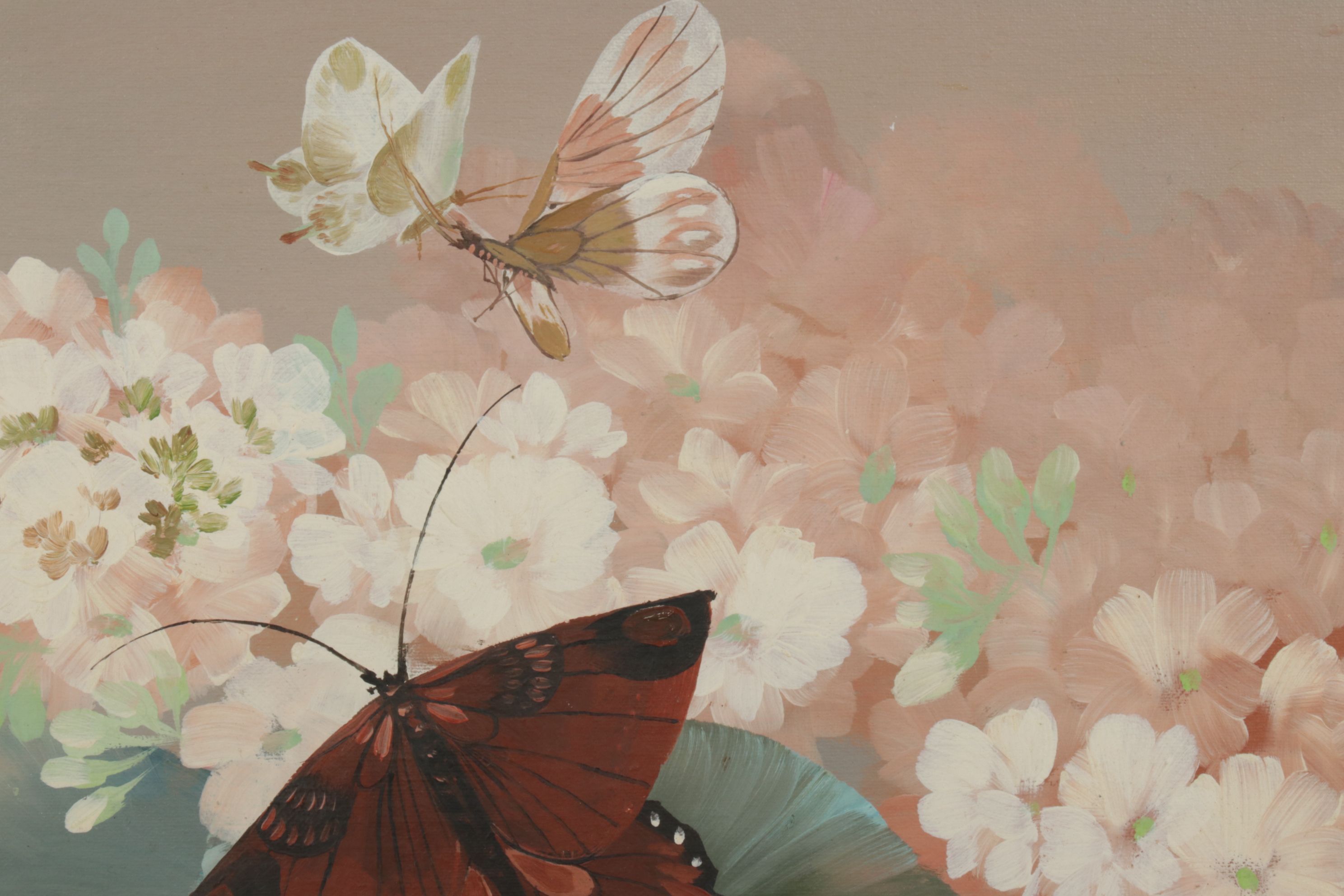 Rico Tamaso Oil Painting Scene of Butterflies Amongst Blossoming Flowers,