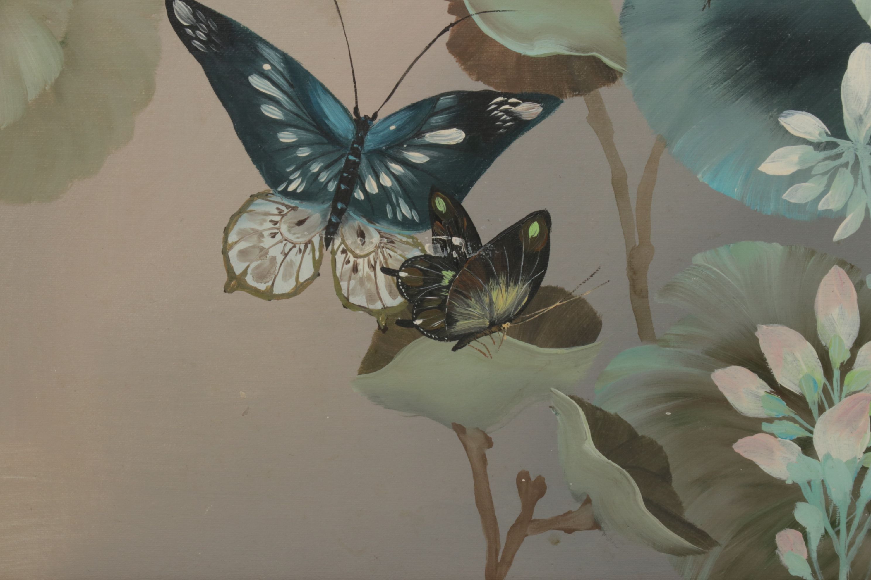 Rico Tamaso Oil Painting Scene of Butterflies Amongst Blossoming Flowers,