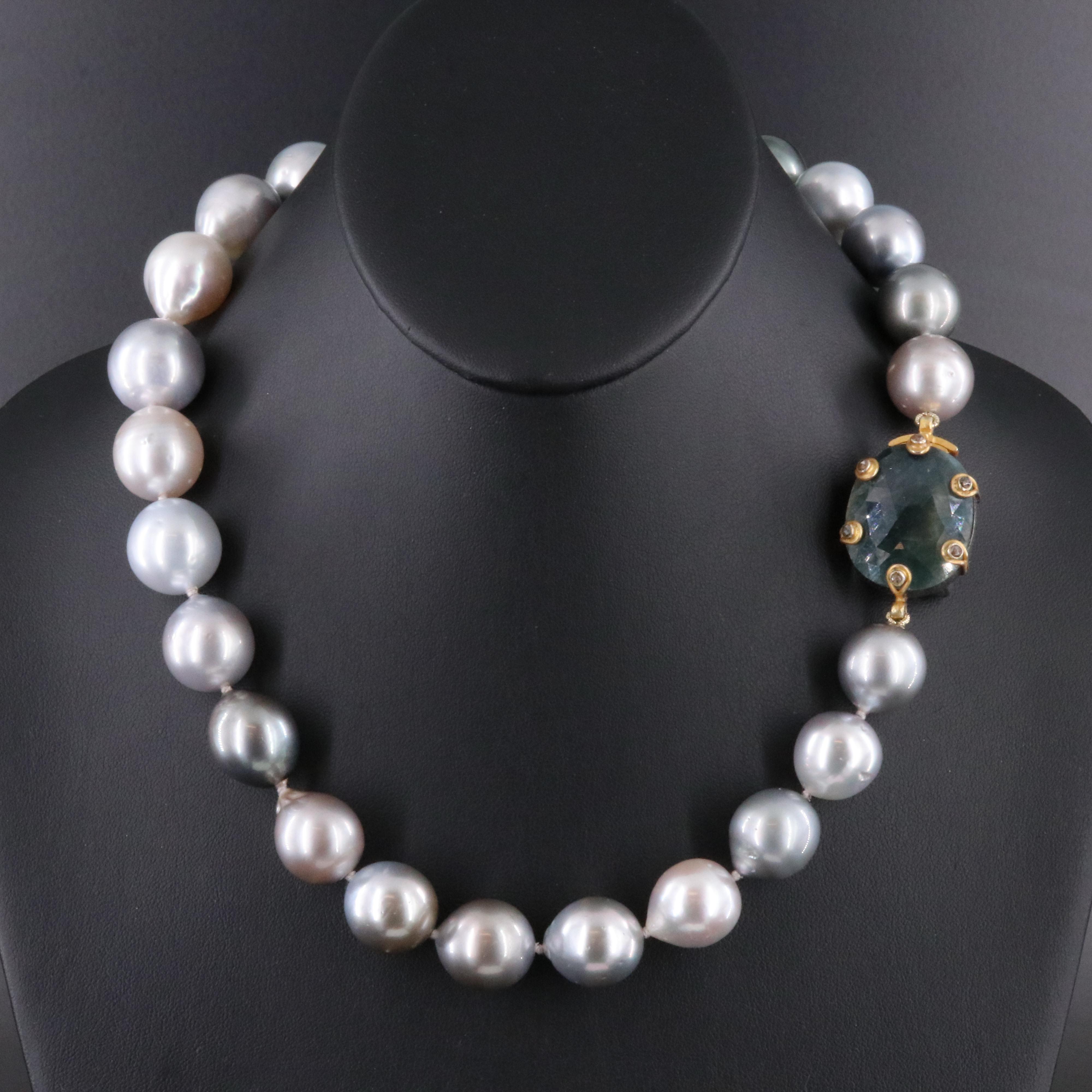 Pearl Necklace with Sterling Sapphire and Diamond Clasp