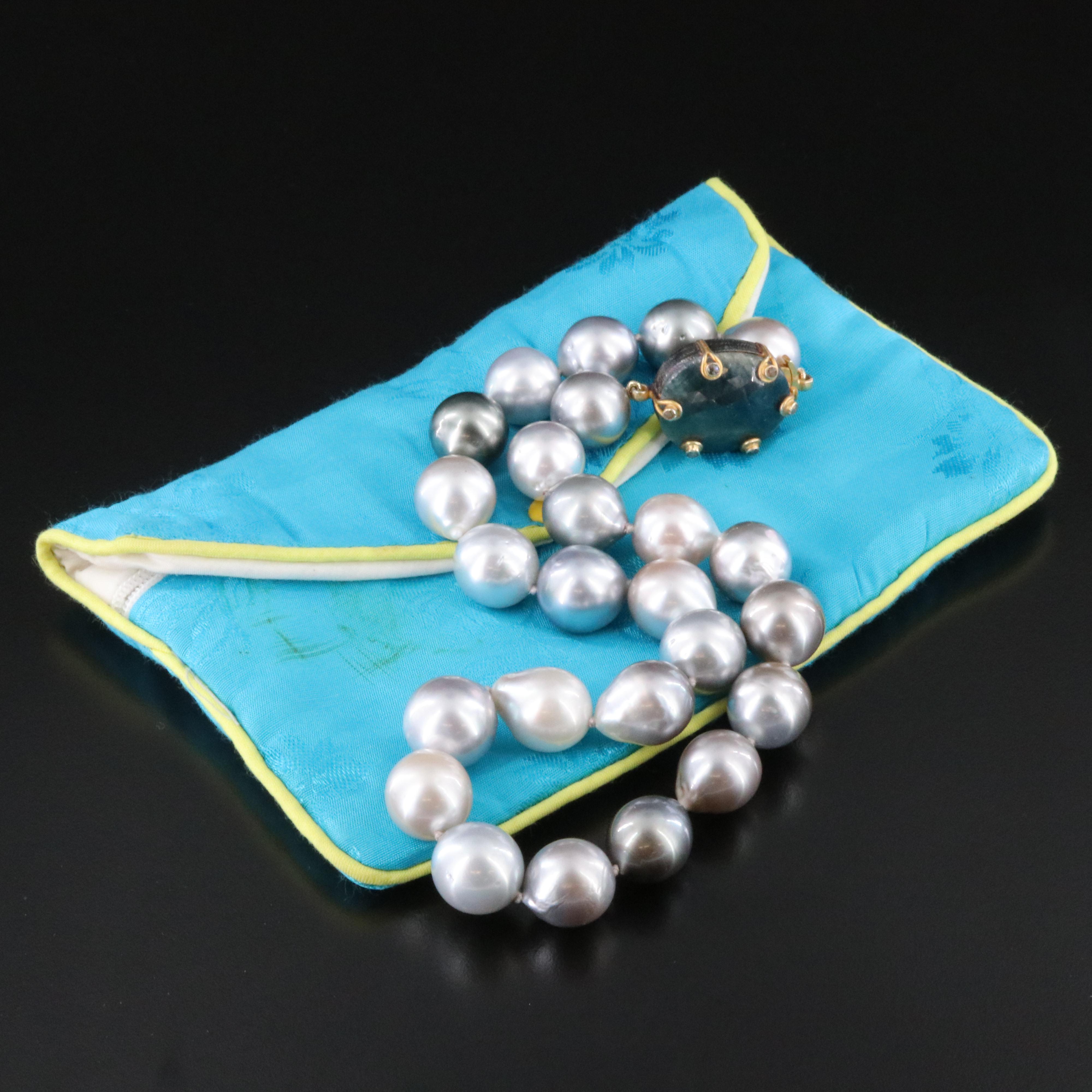 Pearl Necklace with Sterling Sapphire and Diamond Clasp