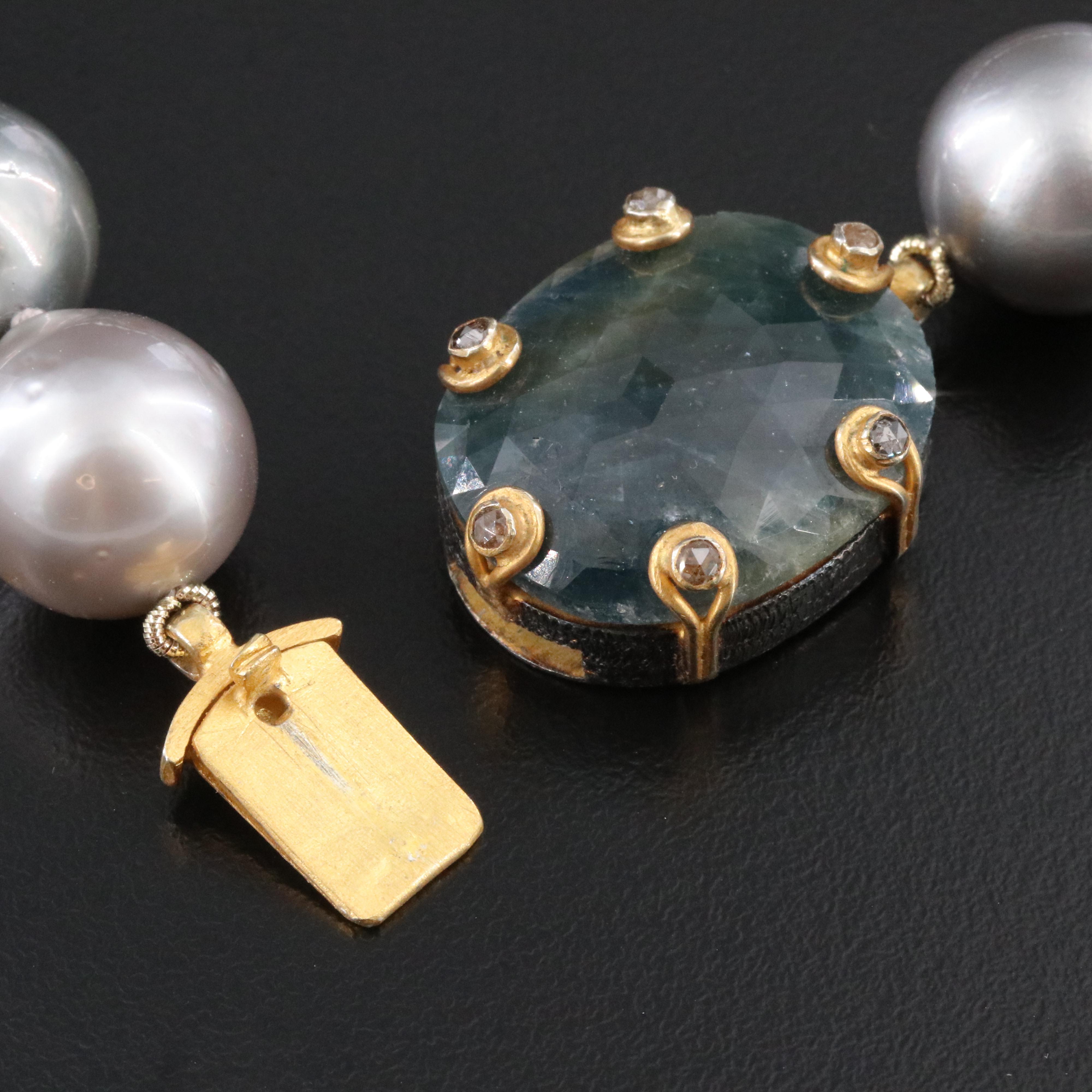 Pearl Necklace with Sterling Sapphire and Diamond Clasp