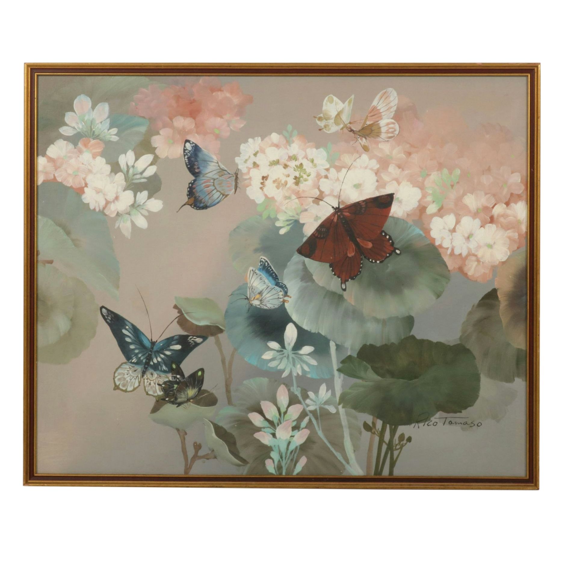 Rico Tamaso Oil Painting Scene of Butterflies Amongst Blossoming Flowers,