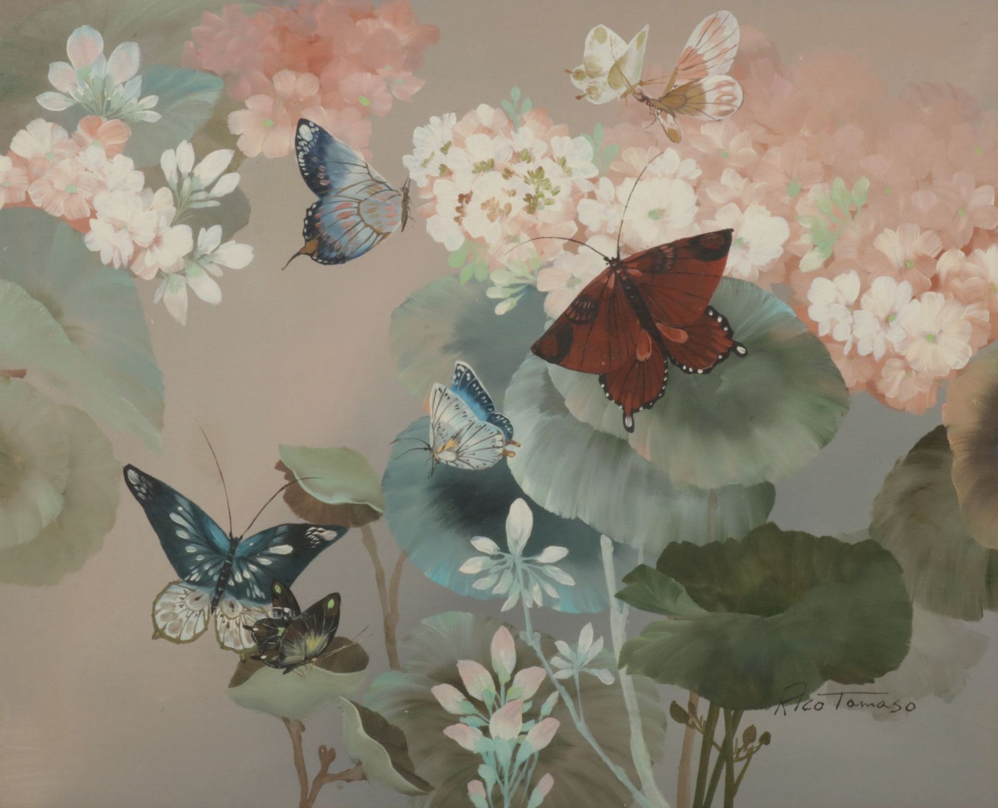 Rico Tamaso Oil Painting Scene of Butterflies Amongst Blossoming Flowers,