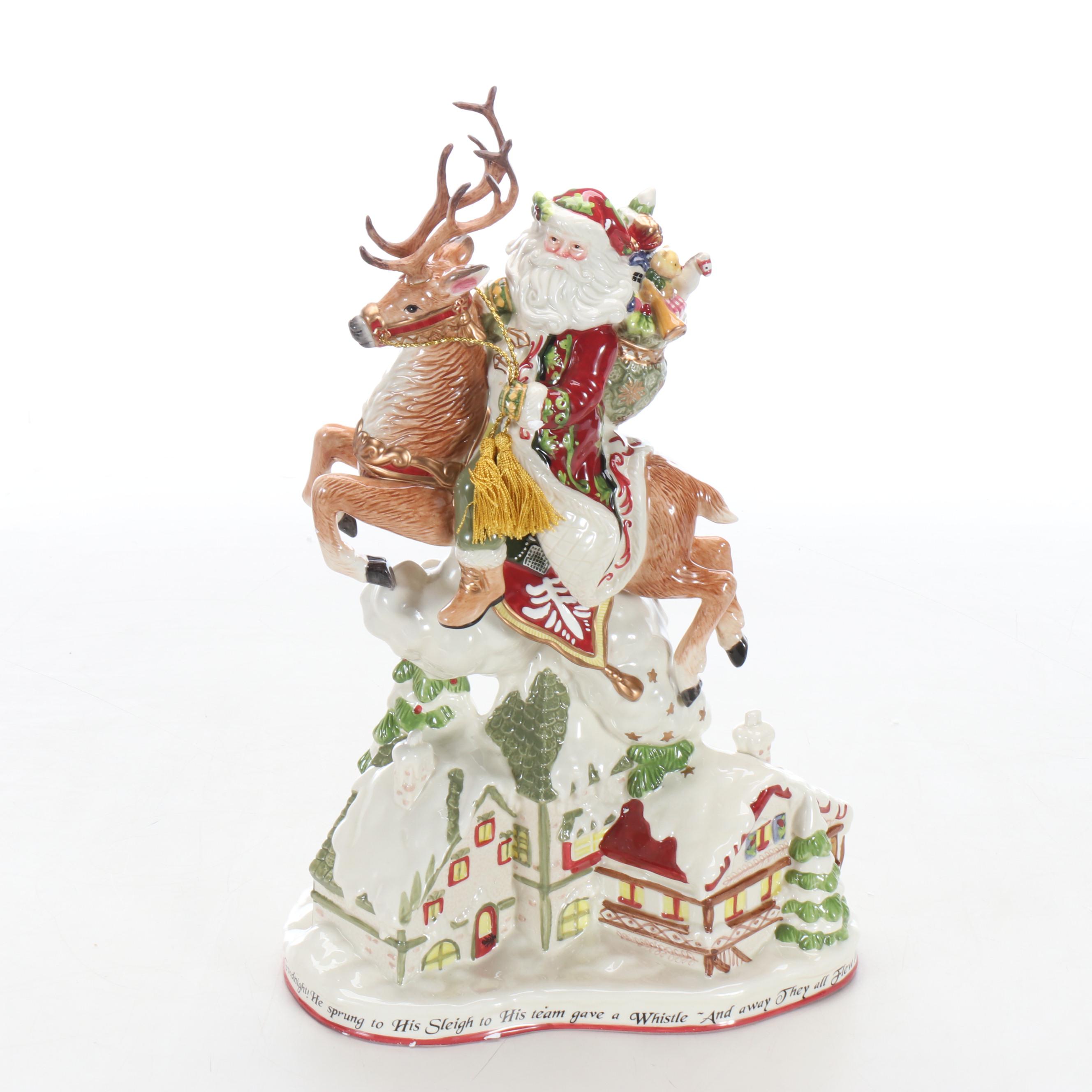 Fitz and Floyd Santa on Deer Porcelain Centerpiece
