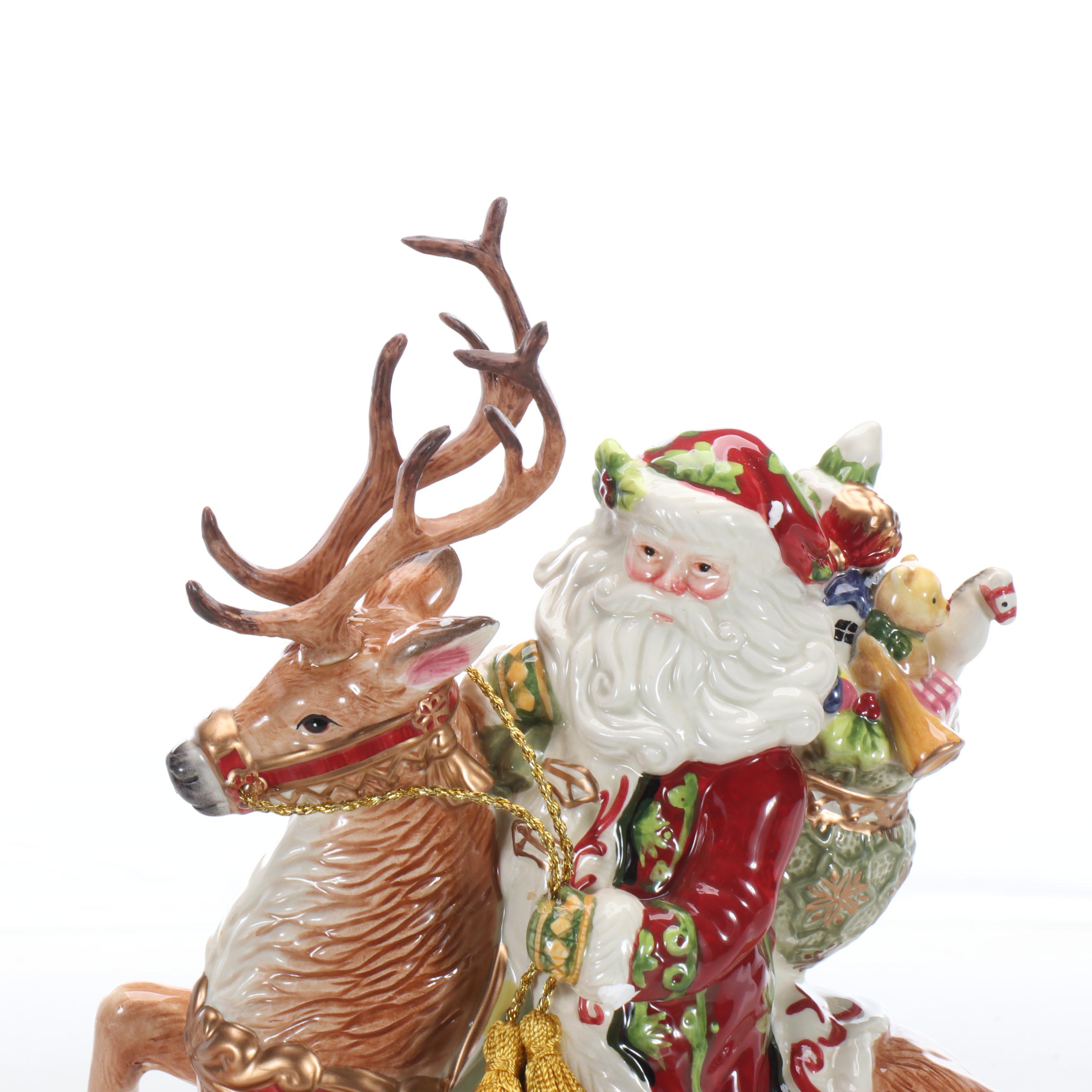 Fitz and Floyd Santa on Deer Porcelain Centerpiece