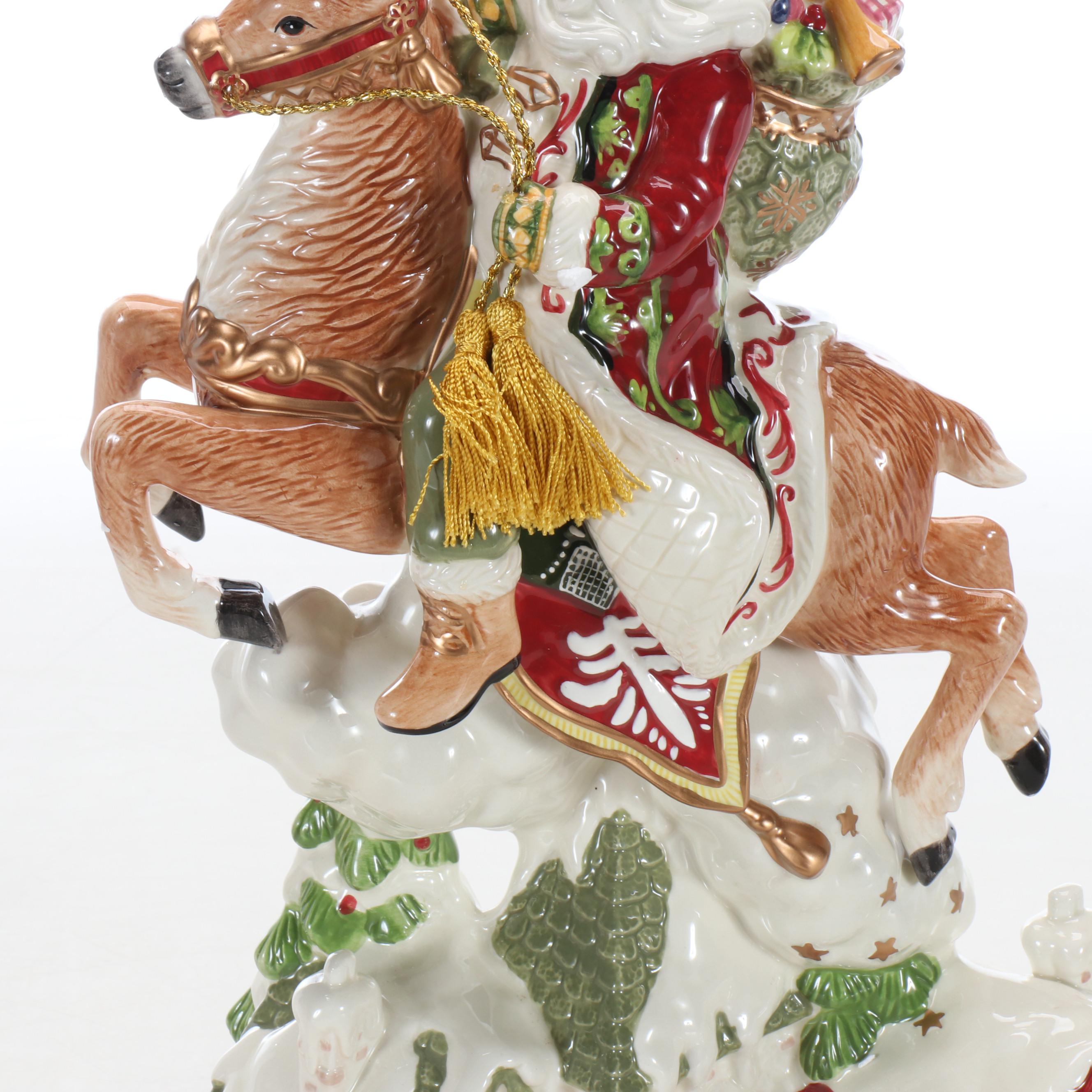 Fitz and Floyd Santa on Deer Porcelain Centerpiece