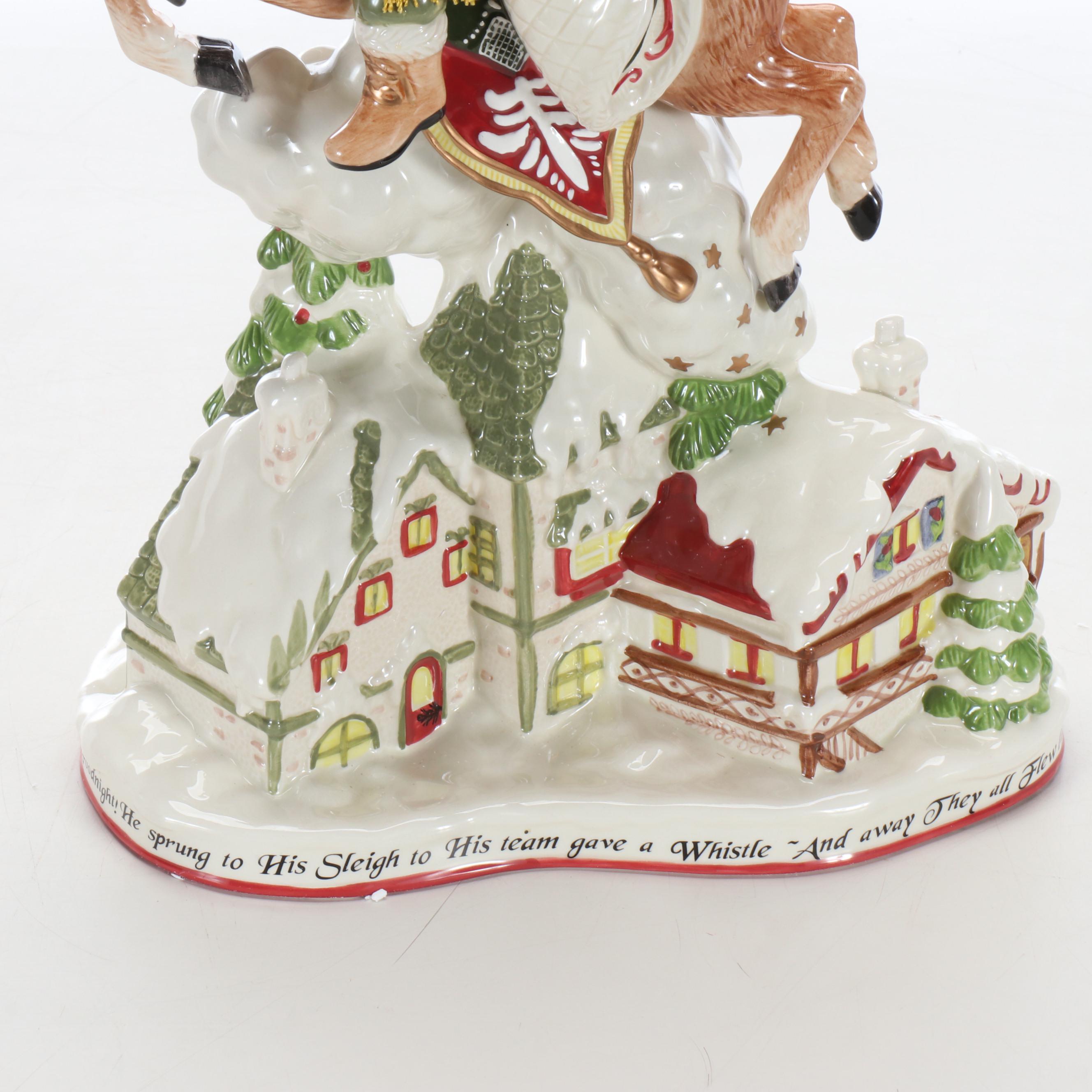 Fitz and Floyd Santa on Deer Porcelain Centerpiece