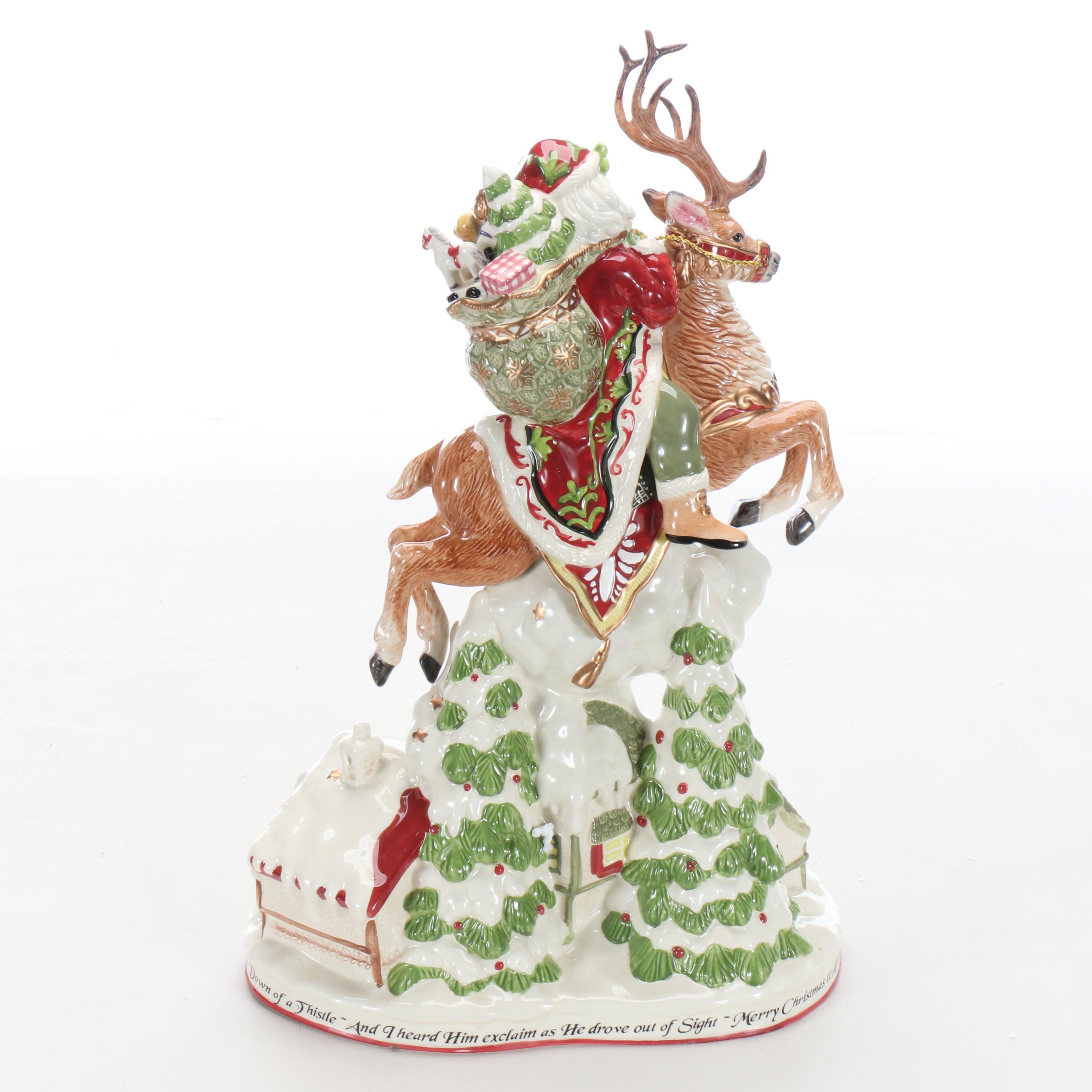 Fitz and Floyd Santa on Deer Porcelain Centerpiece