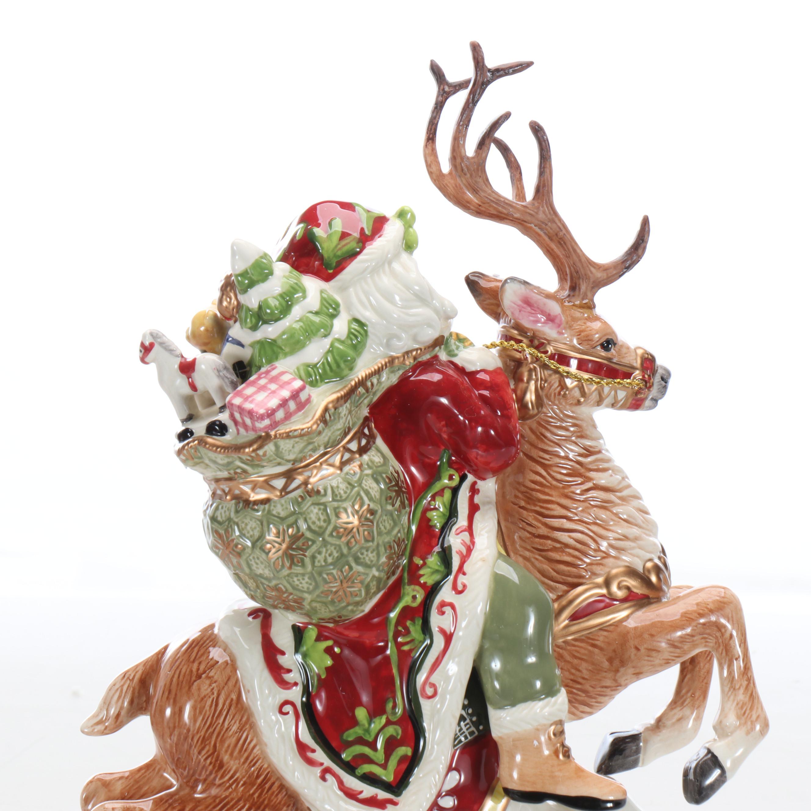 Fitz and Floyd Santa on Deer Porcelain Centerpiece