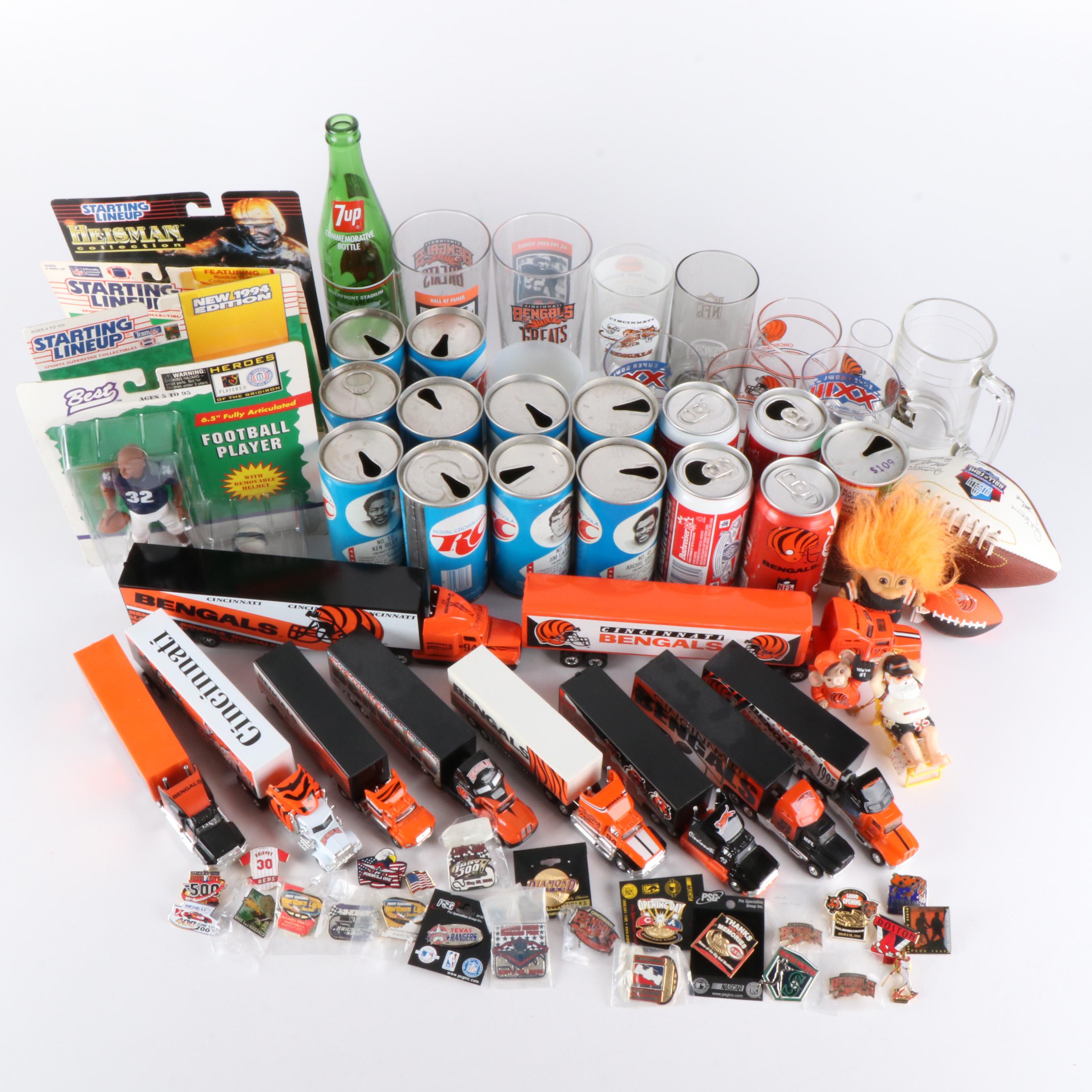 Starting Lineup Figures with Sports Pins, RC Cola Cans, and More