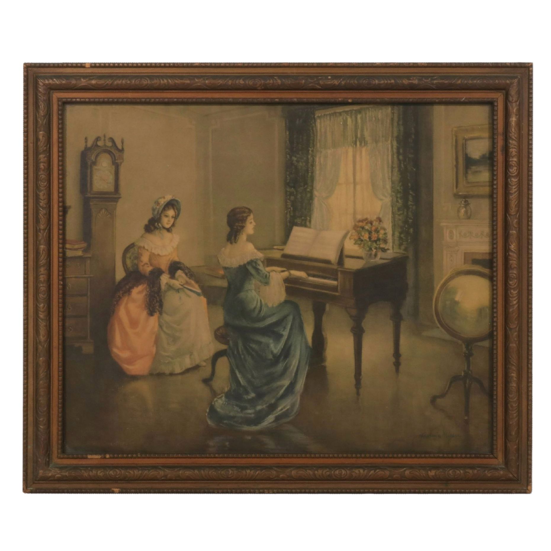 Offset Lithograph After Frederic Mizen of Victoria Women in a Music Parlor