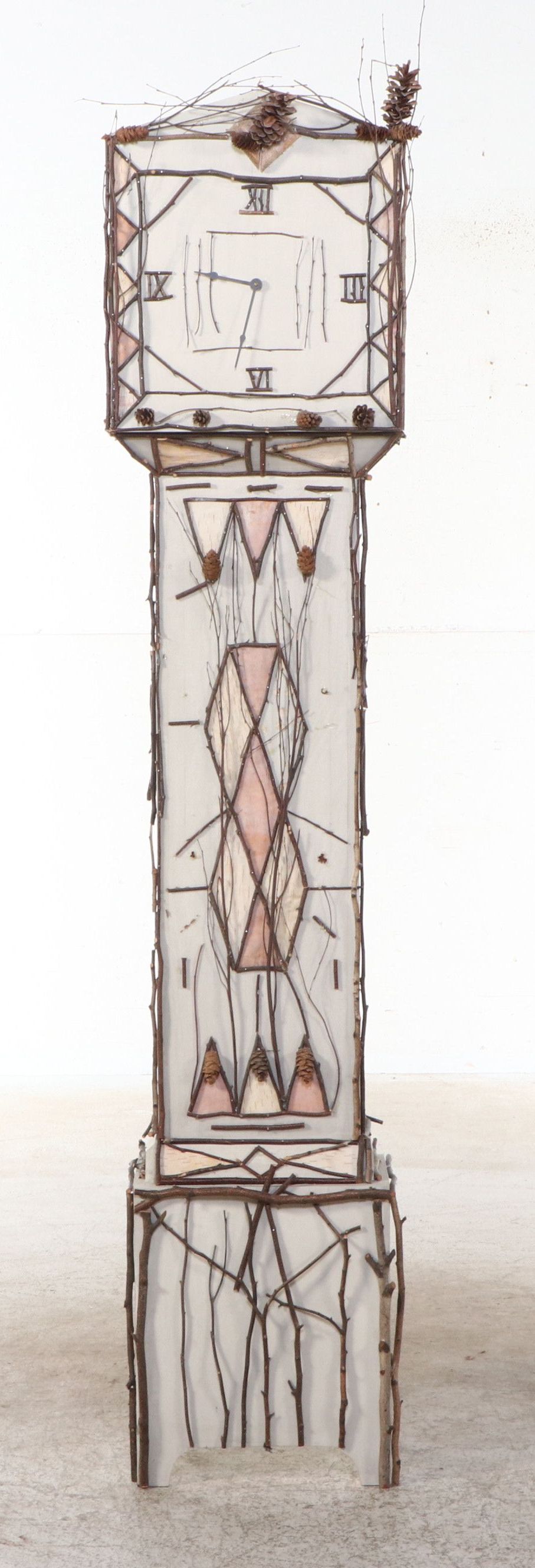 Adirondack Style Painted Grandfather Clock with Applied Twig Decoration