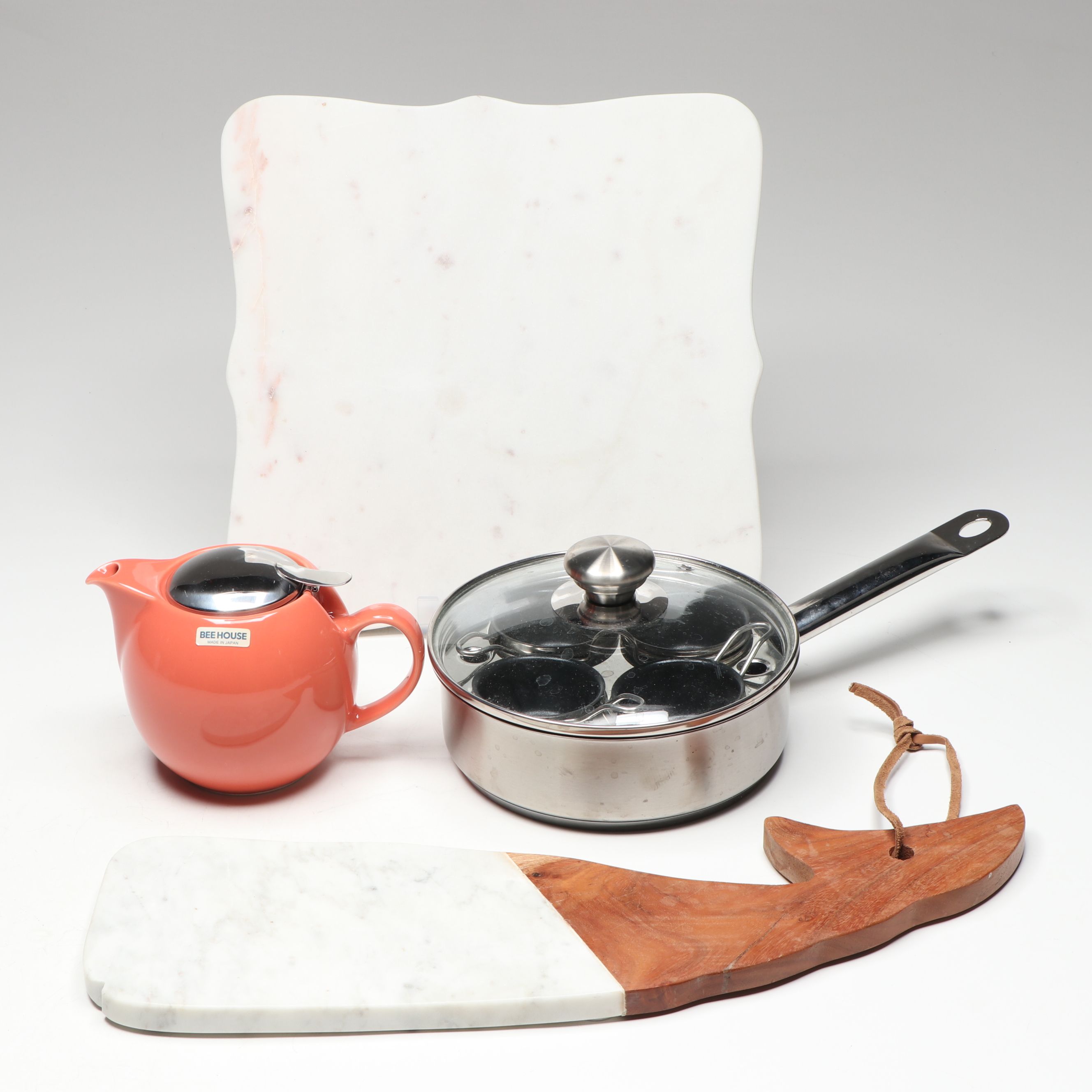 Stainless Steel Egg Poacher with Ceramic Teapot and Marble Charcuterie Boards