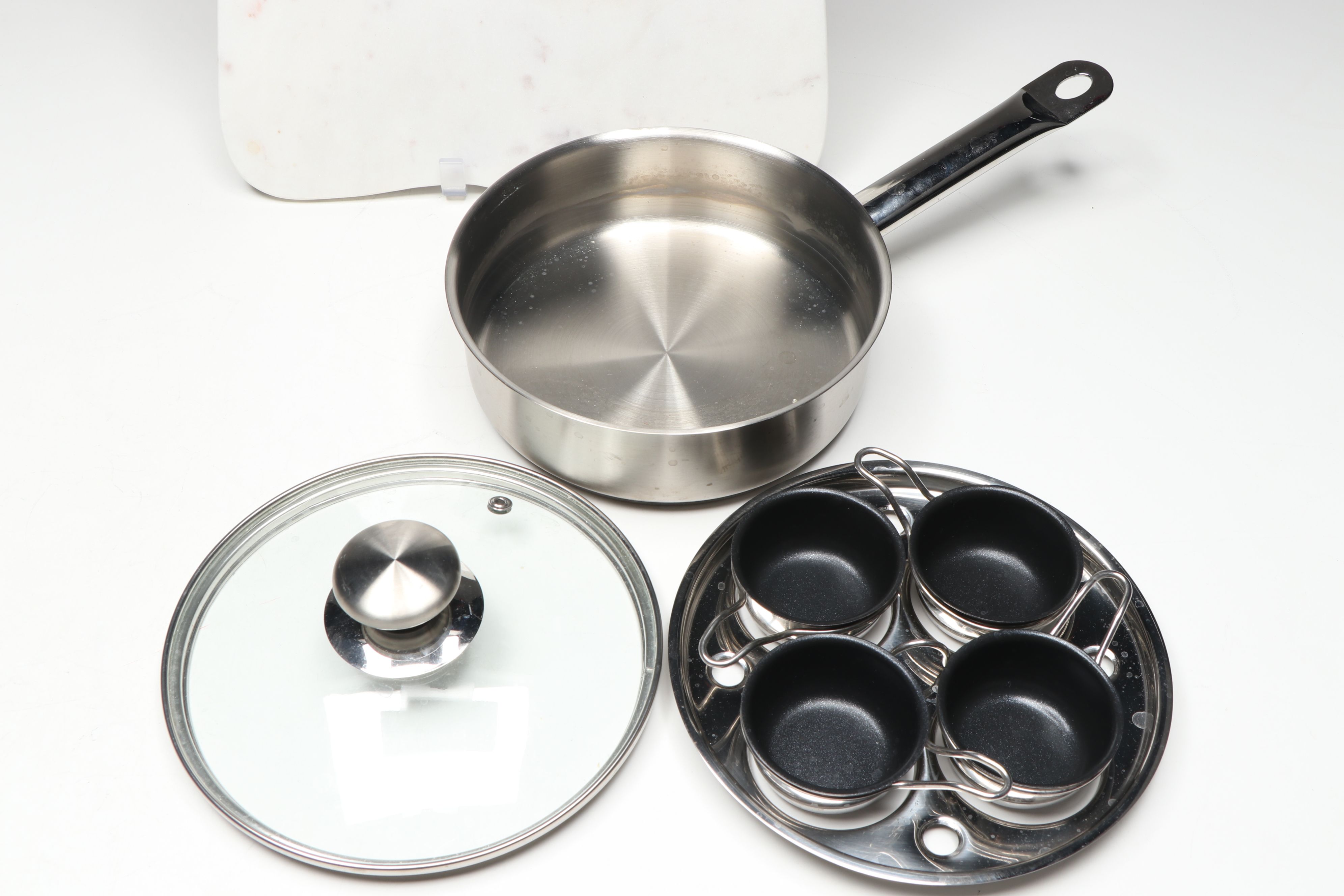 Stainless Steel Egg Poacher with Ceramic Teapot and Marble Charcuterie Boards