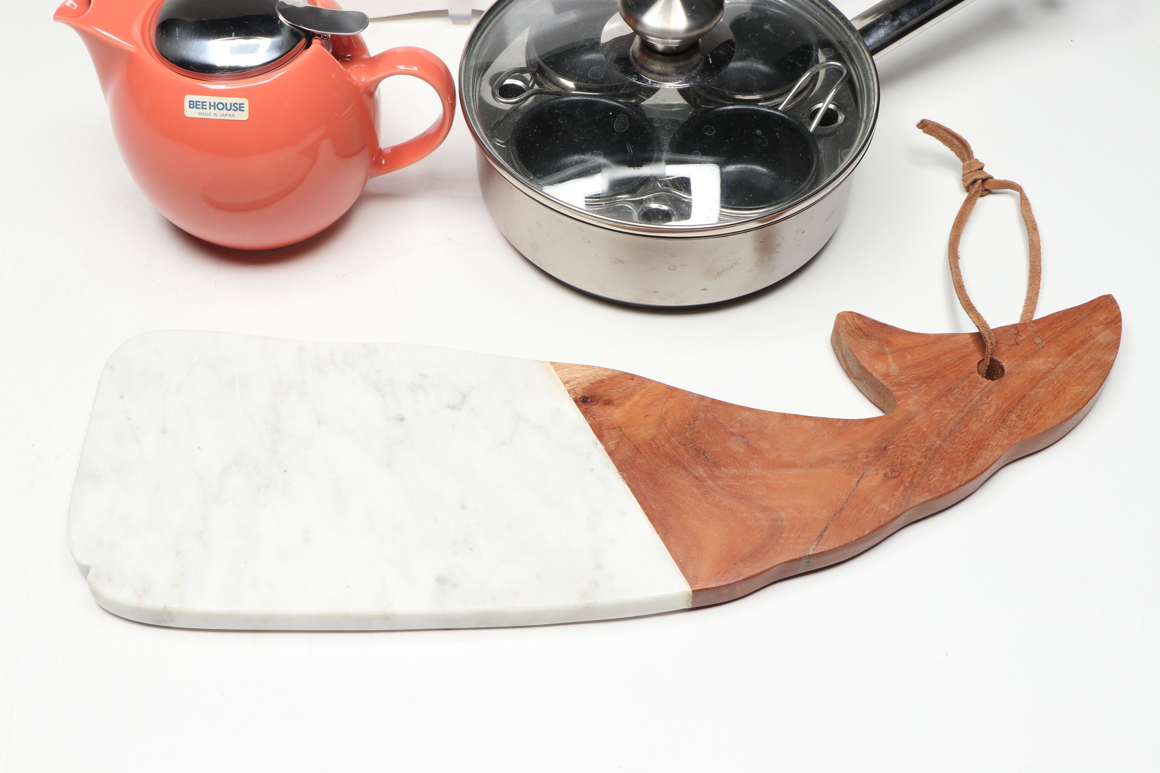 Stainless Steel Egg Poacher with Ceramic Teapot and Marble Charcuterie Boards