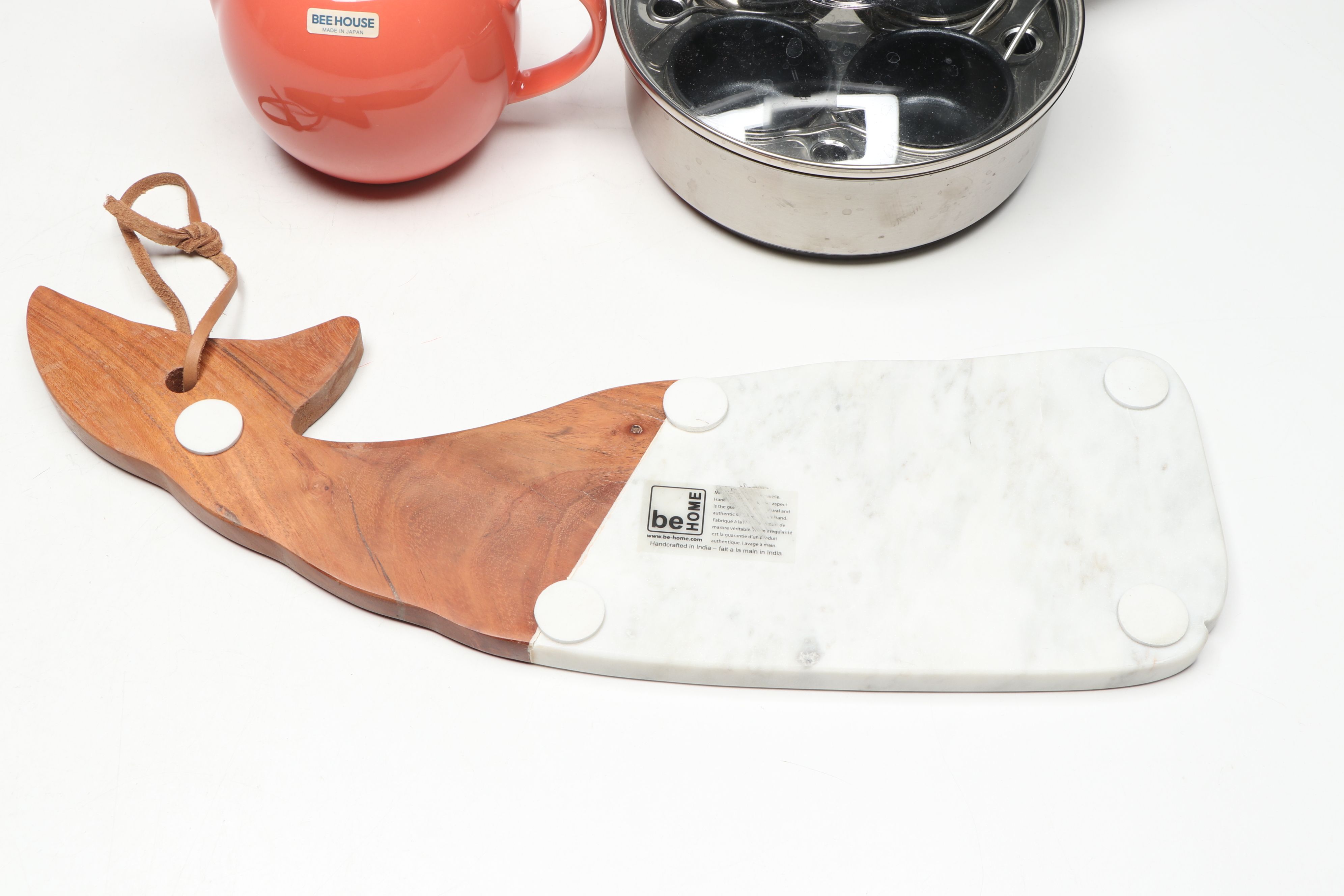 Stainless Steel Egg Poacher with Ceramic Teapot and Marble Charcuterie Boards