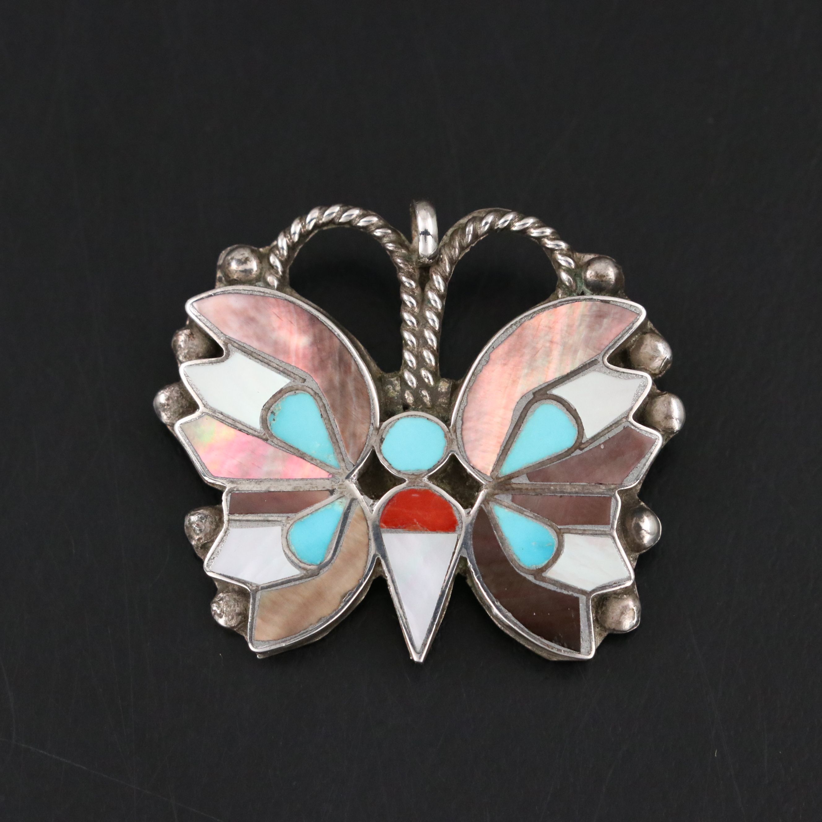Rosita & Anselm Wallace, Zuni Pueblo, Sterling Inlay Butterfly Pin/Pendant