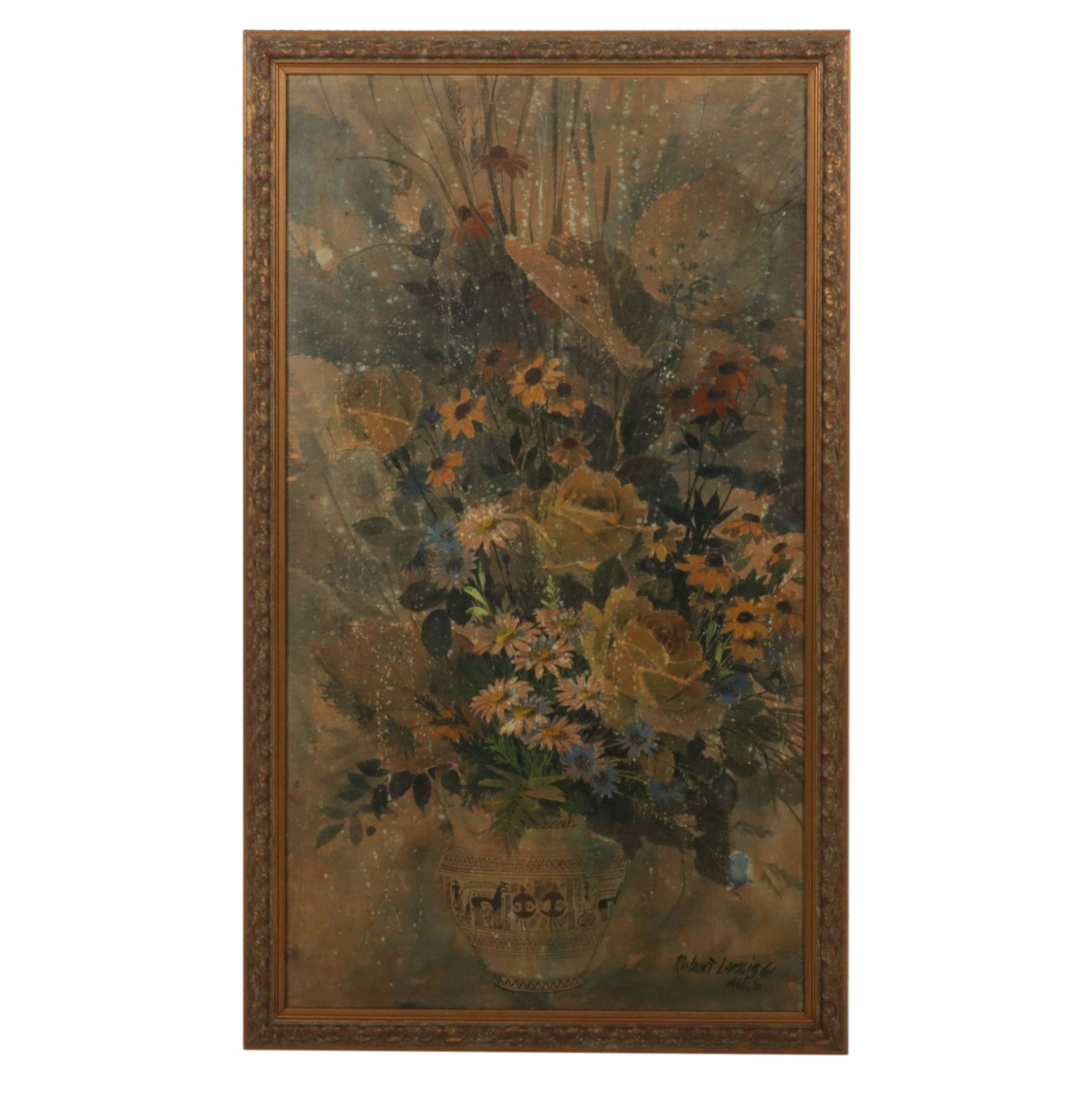 Robert Laessig Still Life Oil Painting of a Potted Bouquet of Wildflowers