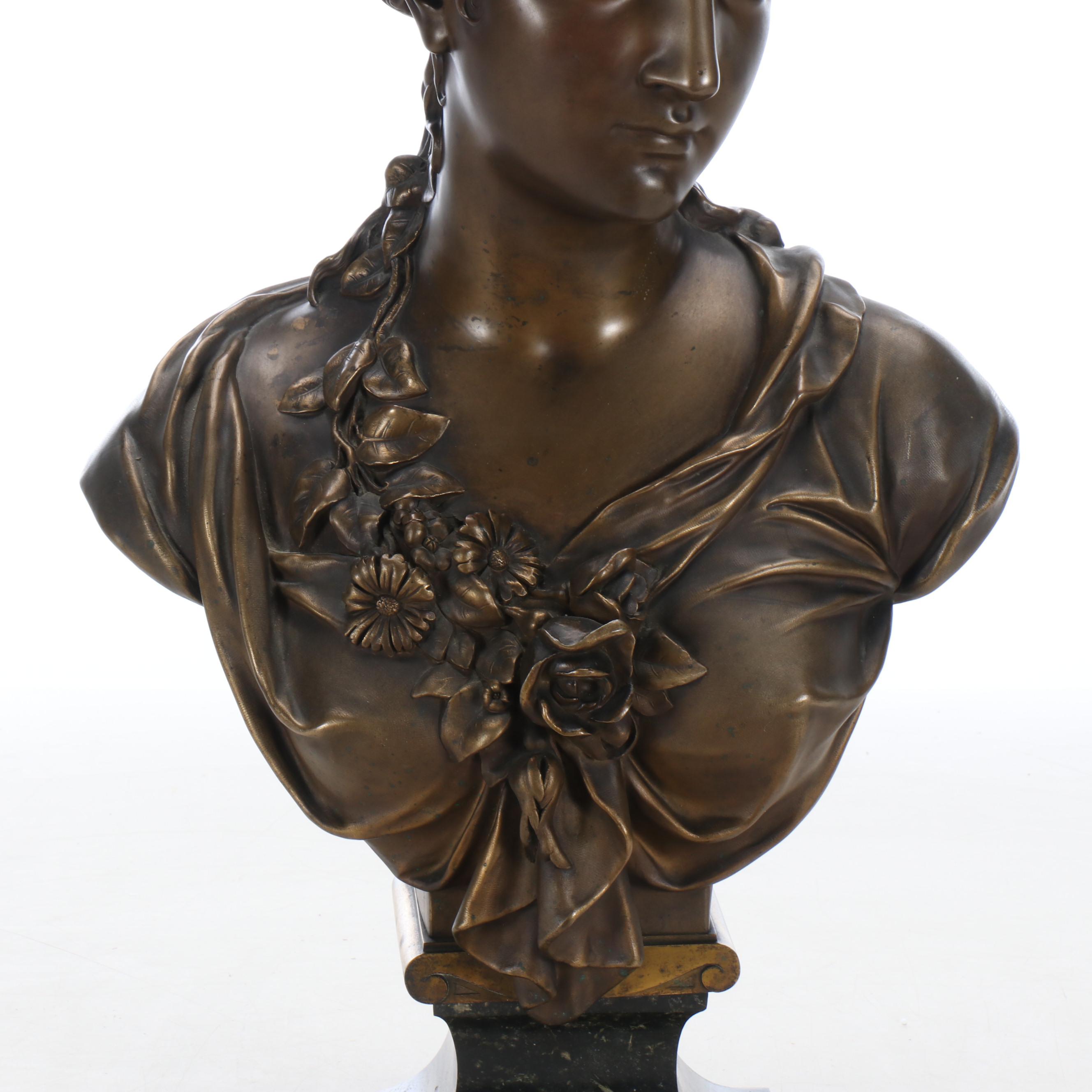 Neoclassical Bronze Bust of Woman on Stone Base