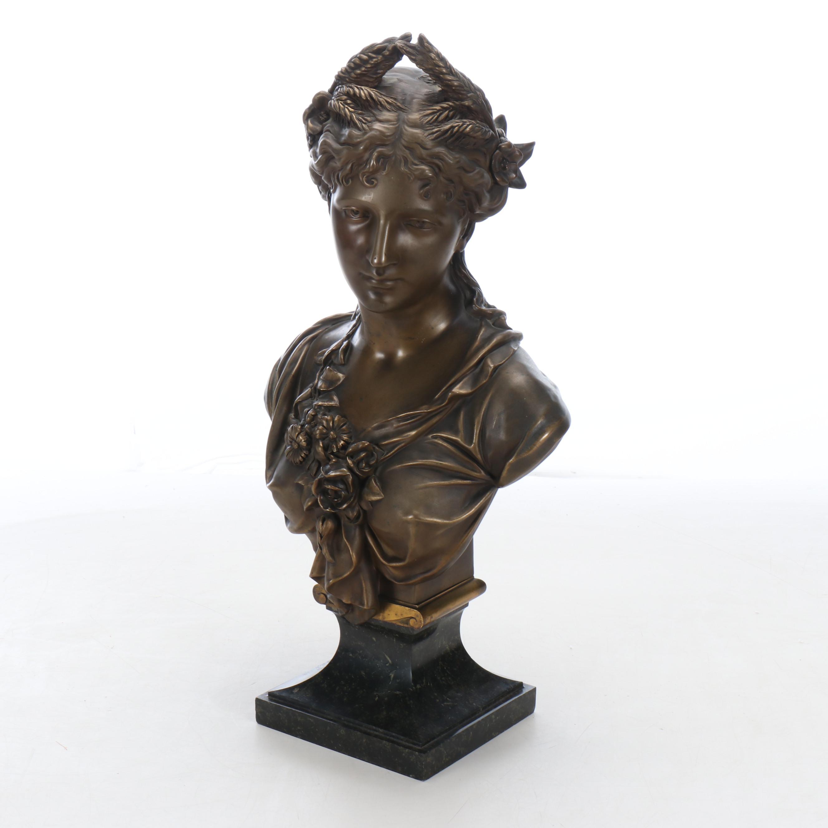 Neoclassical Bronze Bust of Woman on Stone Base