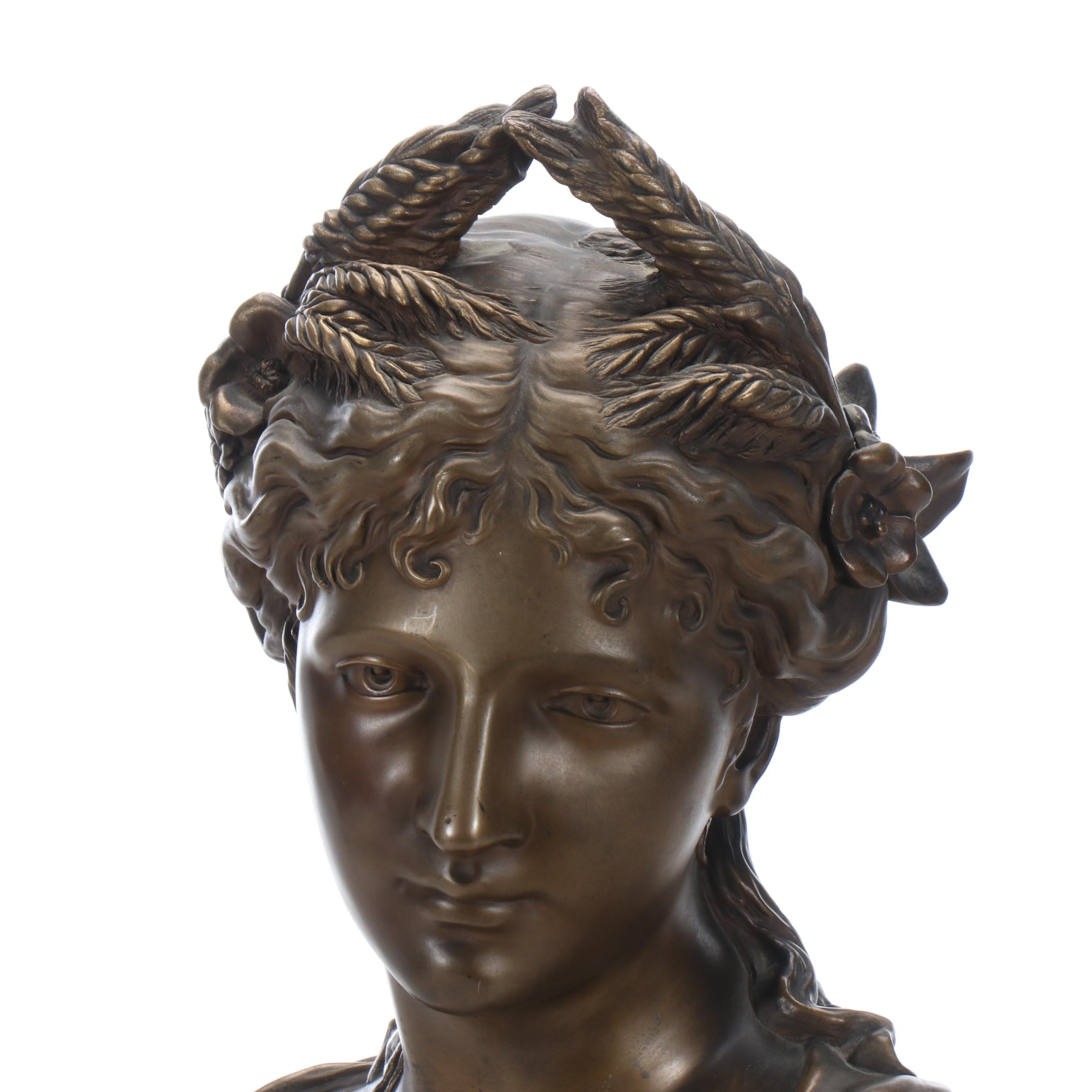 Neoclassical Bronze Bust of Woman on Stone Base