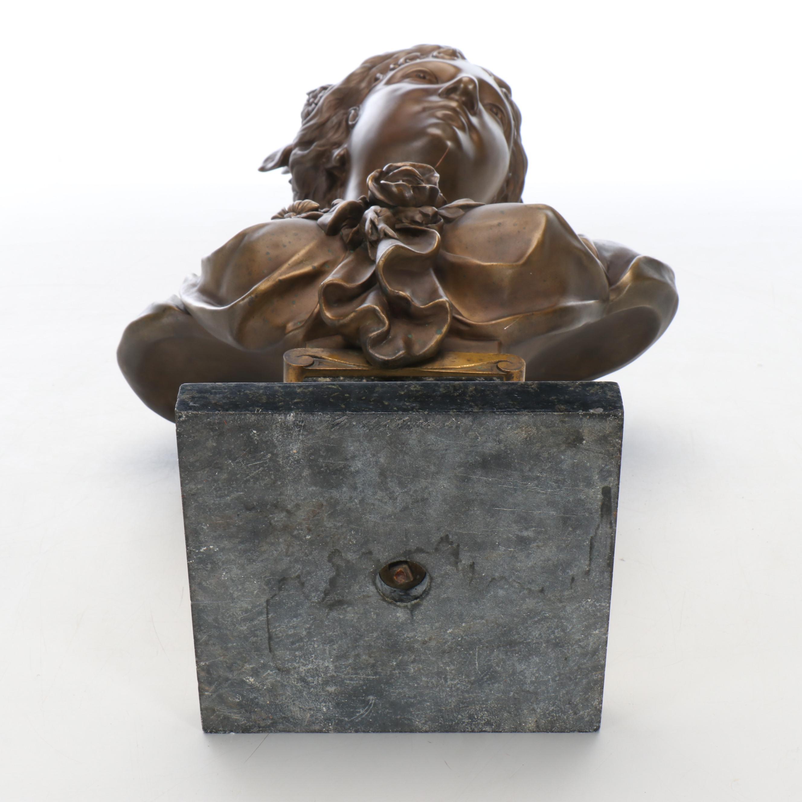 Neoclassical Bronze Bust of Woman on Stone Base