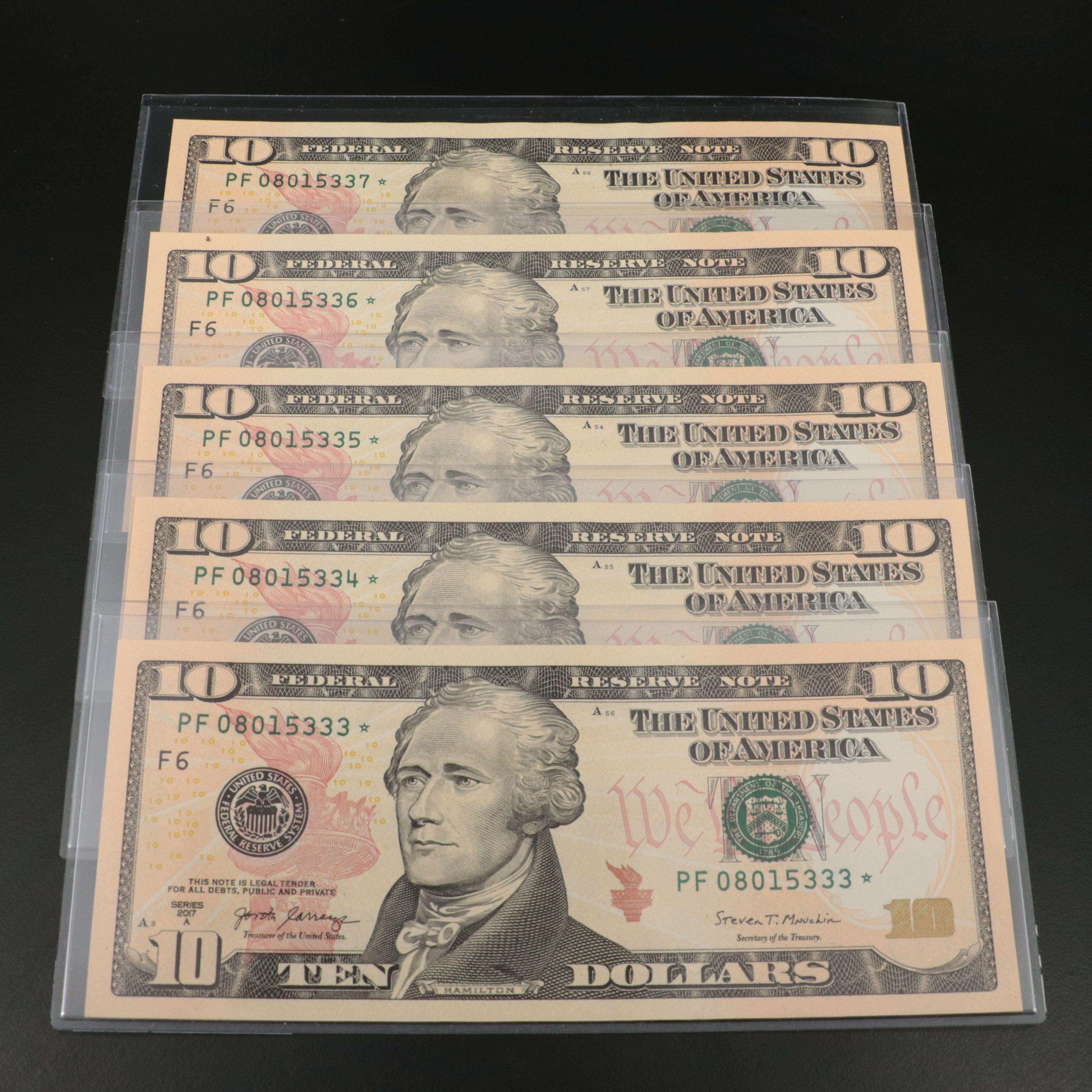 Five  2017 Federal Reserve Ten Dollar Star Notes With Consecutive Serial Numbers