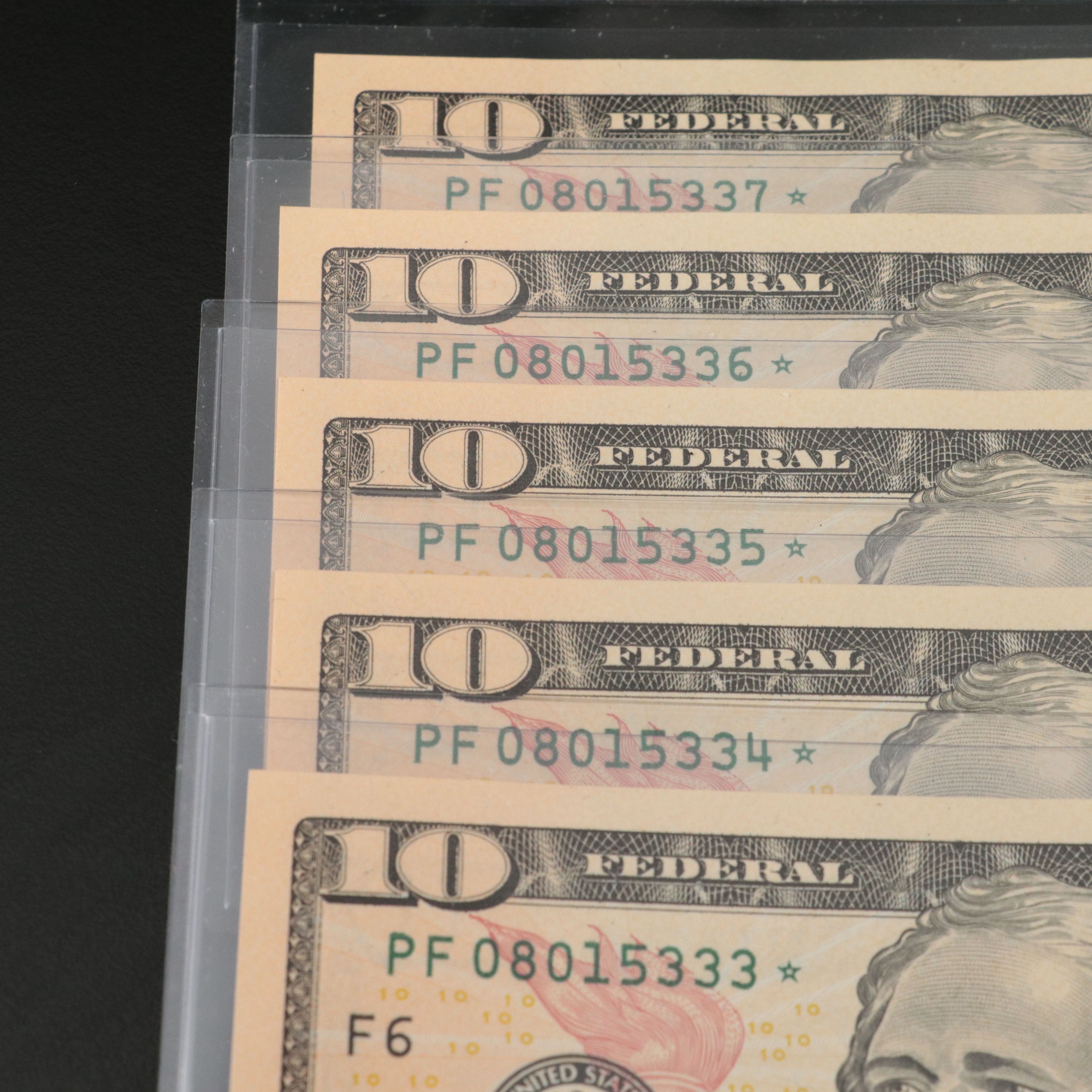 Five  2017 Federal Reserve Ten Dollar Star Notes With Consecutive Serial Numbers