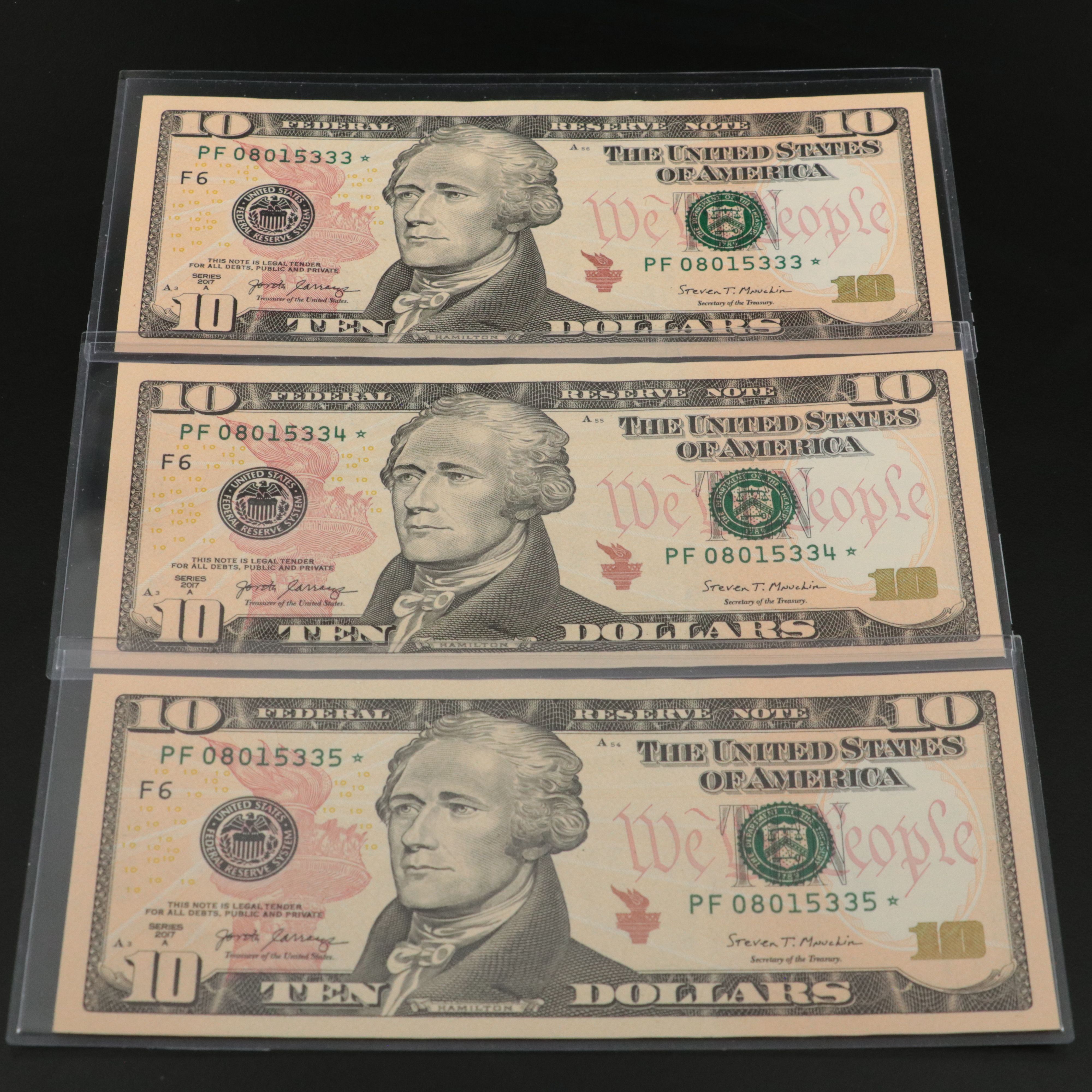 Five  2017 Federal Reserve Ten Dollar Star Notes With Consecutive Serial Numbers