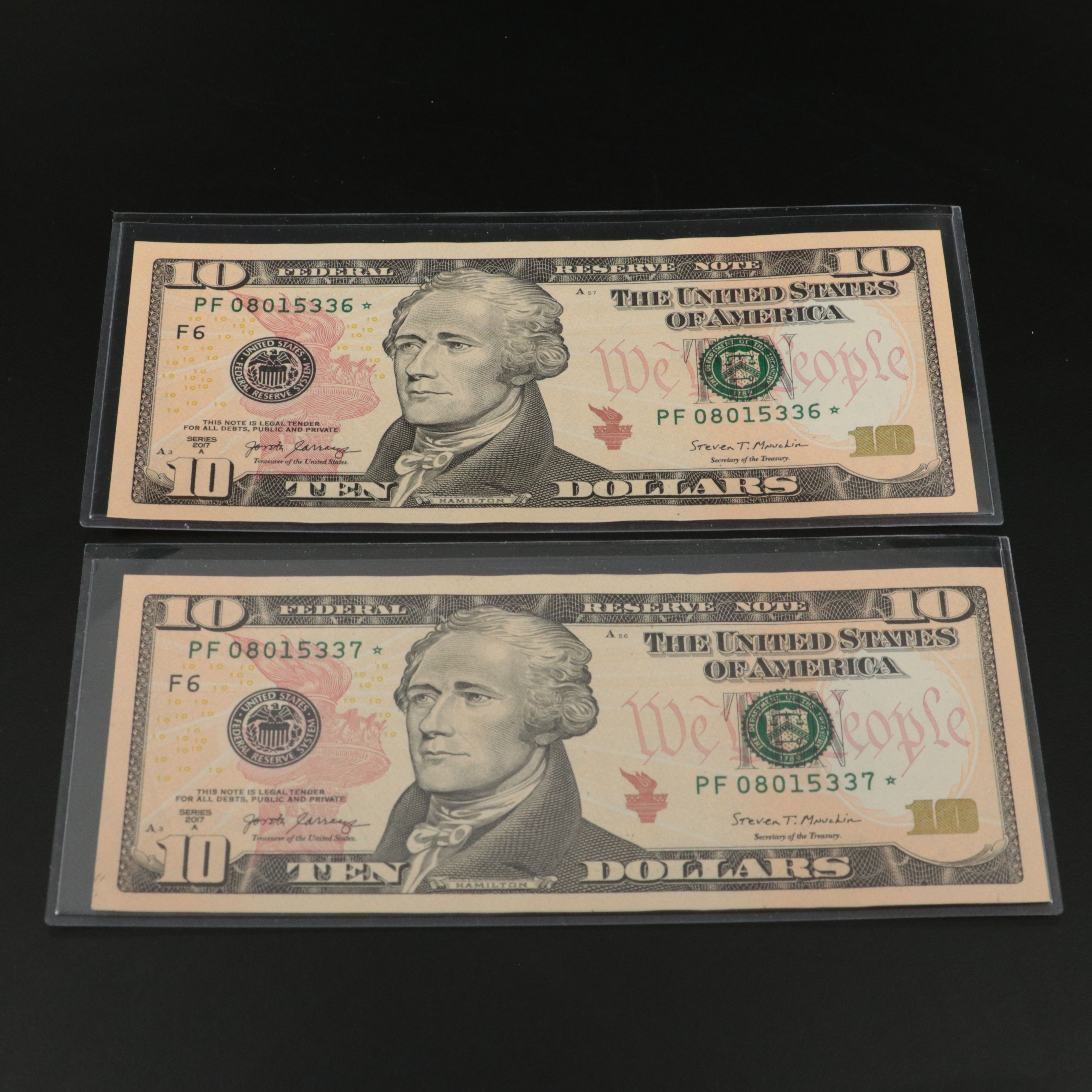 Five  2017 Federal Reserve Ten Dollar Star Notes With Consecutive Serial Numbers