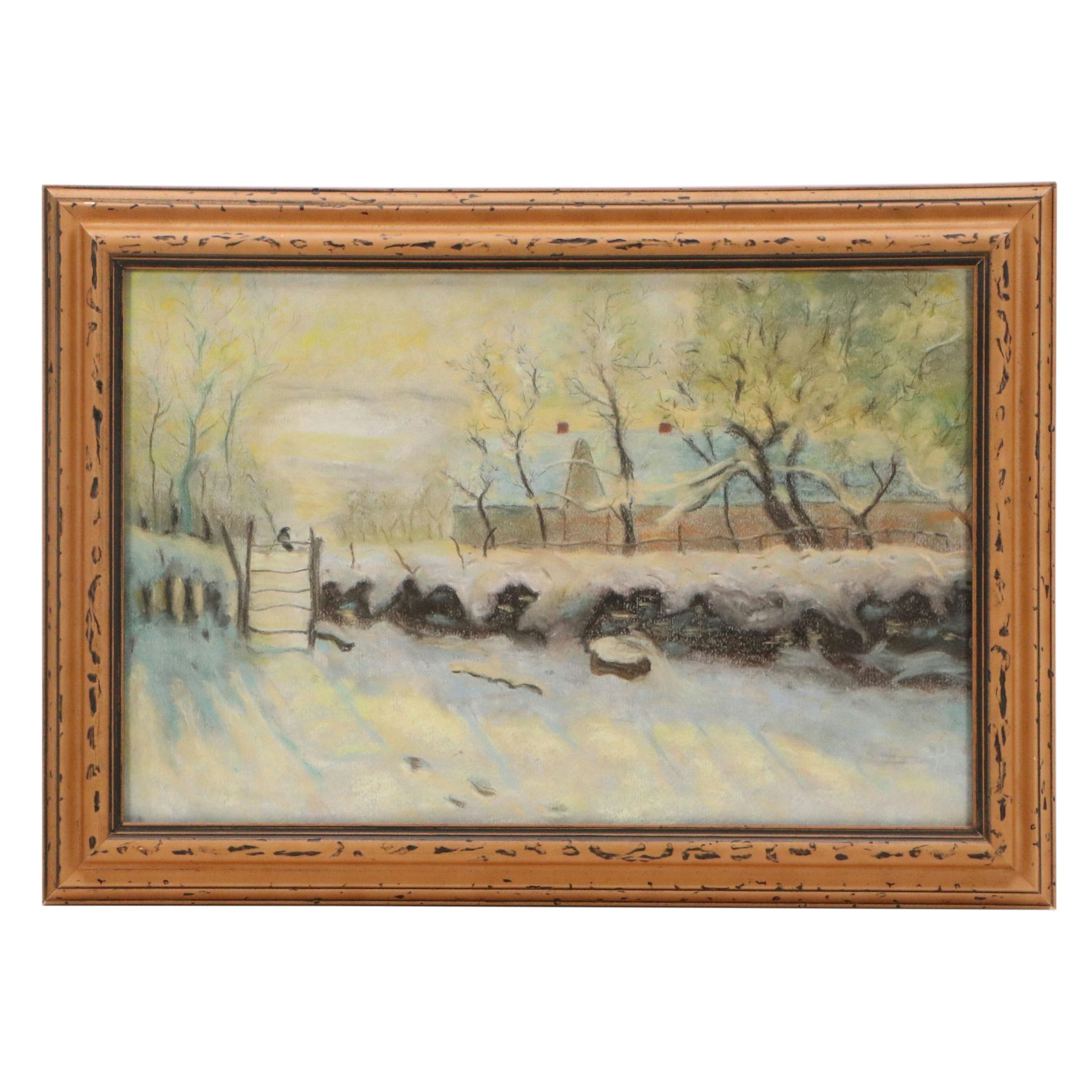 Pastel Drawing of Snowy Landscape, Late 20th Century