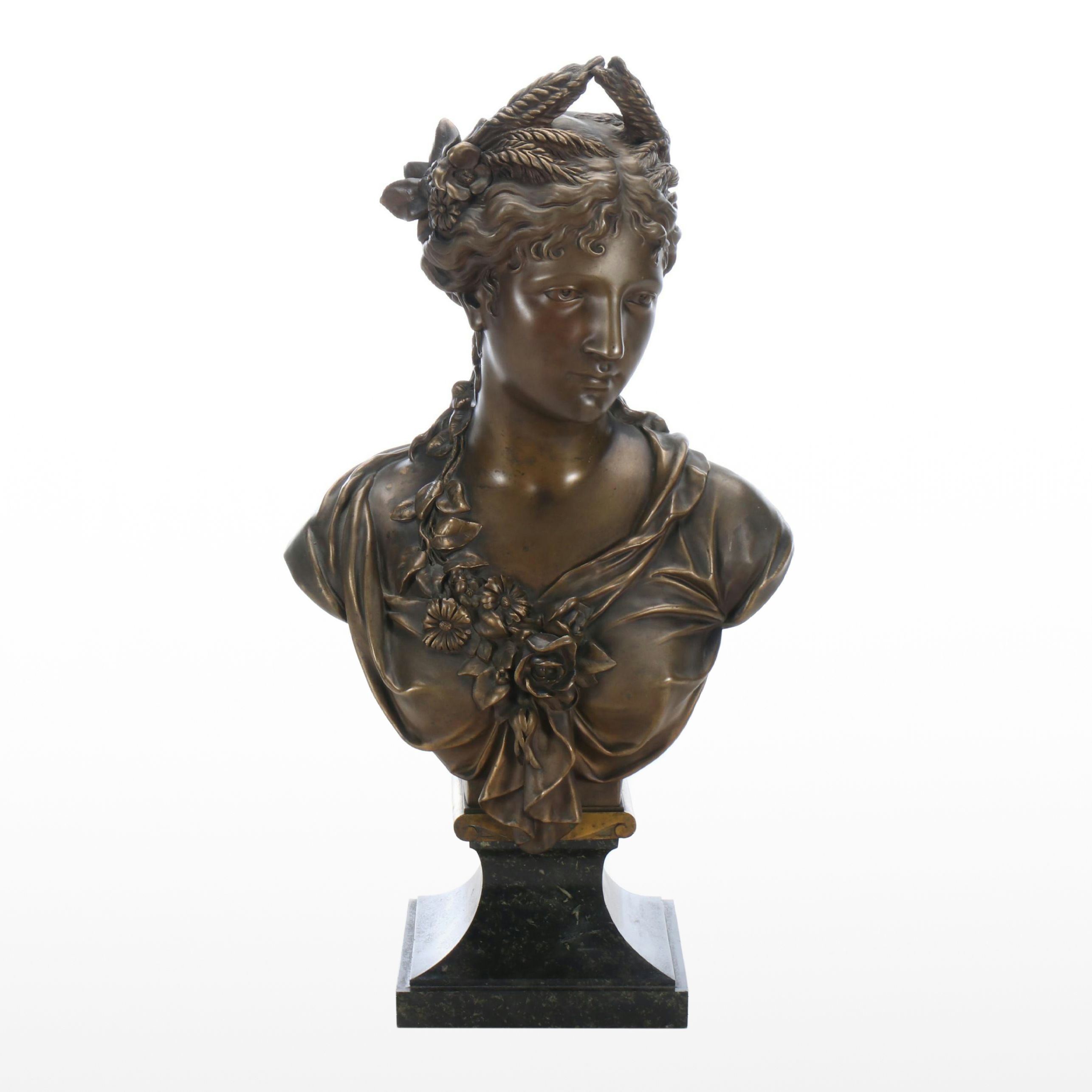 Neoclassical Bronze Bust of Woman on Stone Base