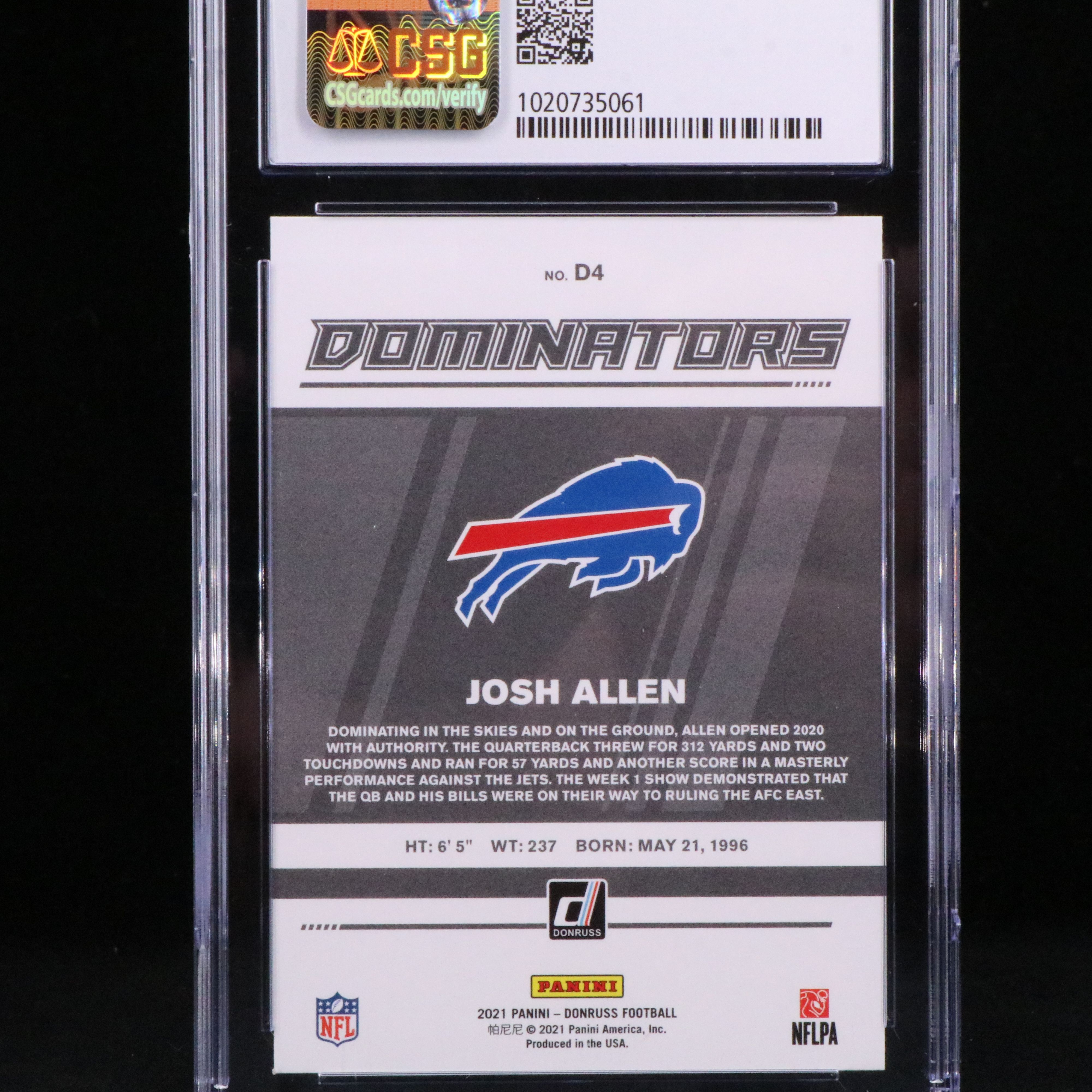 2021 Donruss Josh Alllen Dominators Buffalo Bills Football Card Graded CSG 10