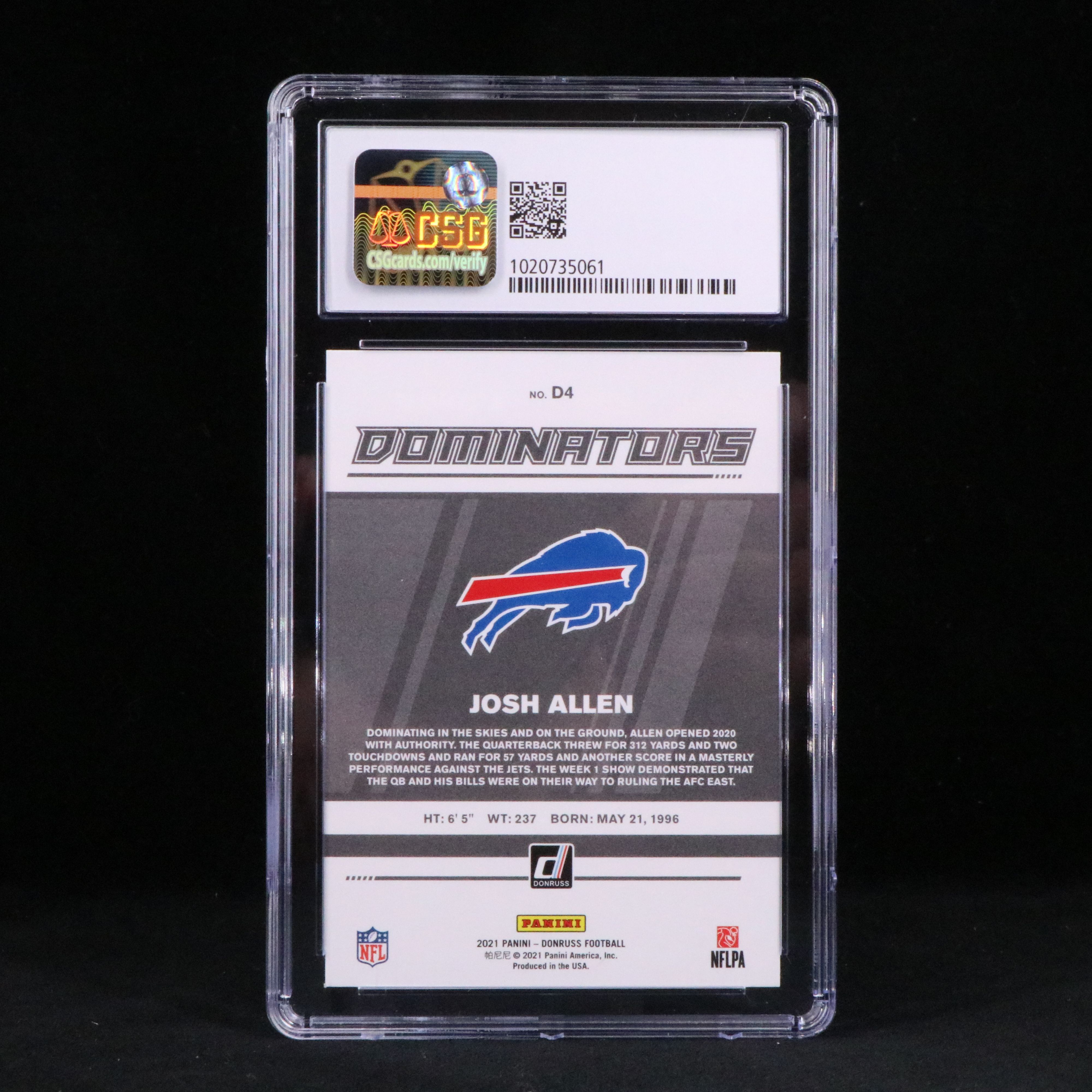 2021 Donruss Josh Alllen Dominators Buffalo Bills Football Card Graded CSG 10