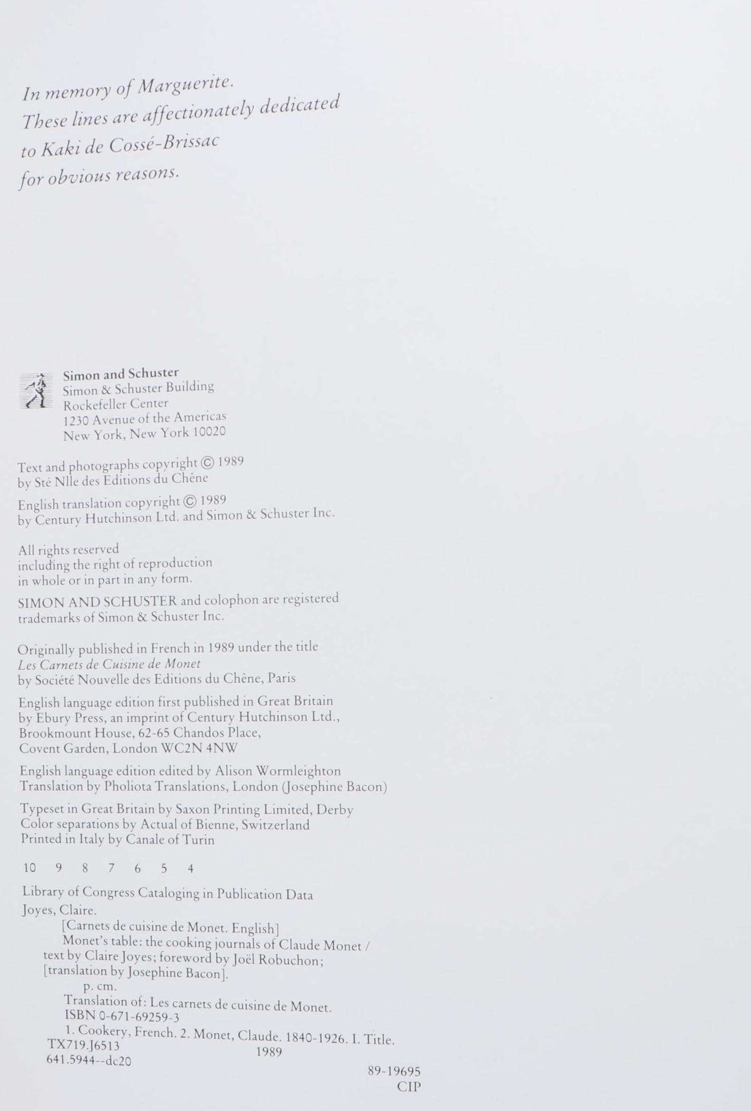 "Monet's Table: The Cooking Journals of Claude Monet" by Claire Joyes, 1989