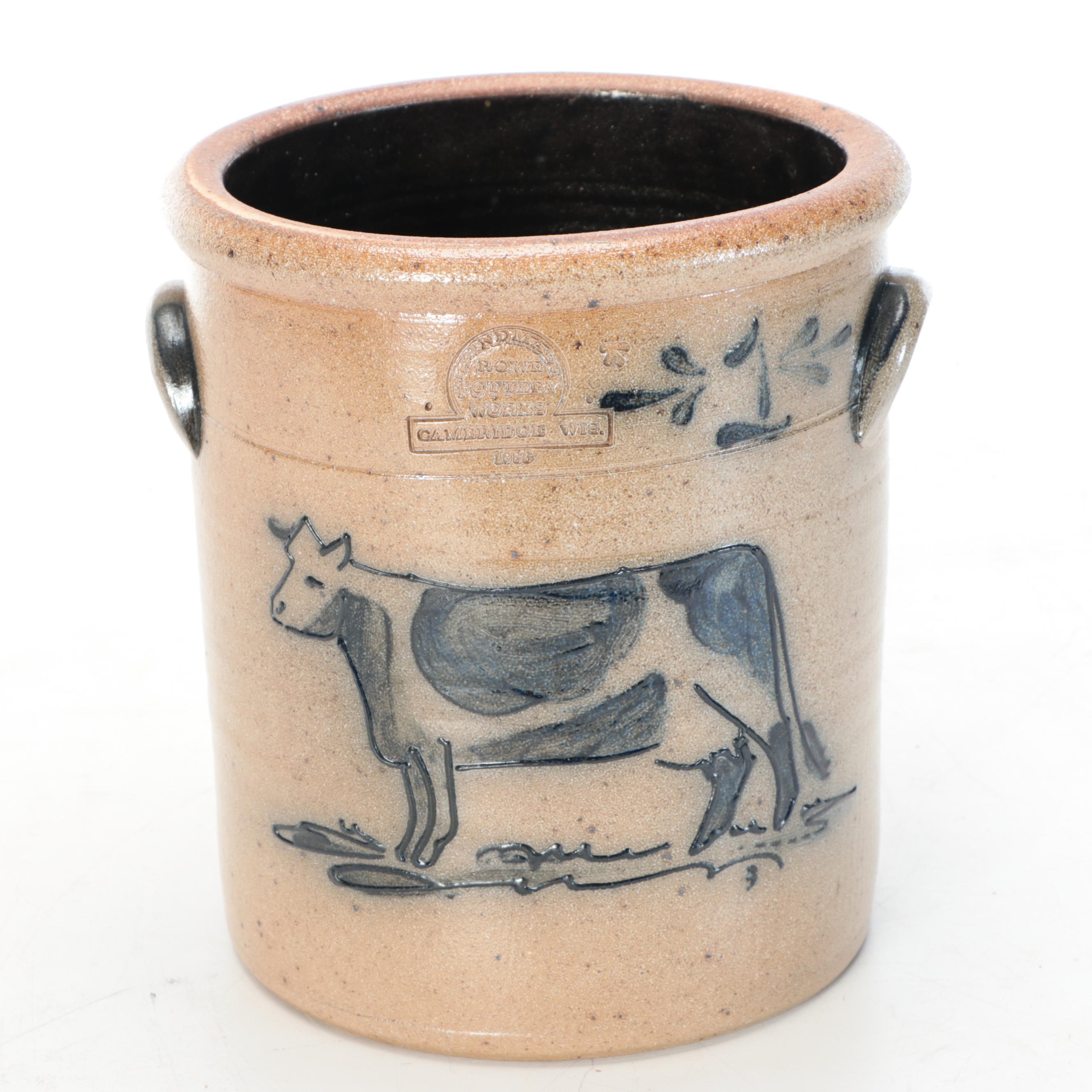 Rowe Pottery Salt Glazed Stoneware Crock with Freehand Cobalt Design