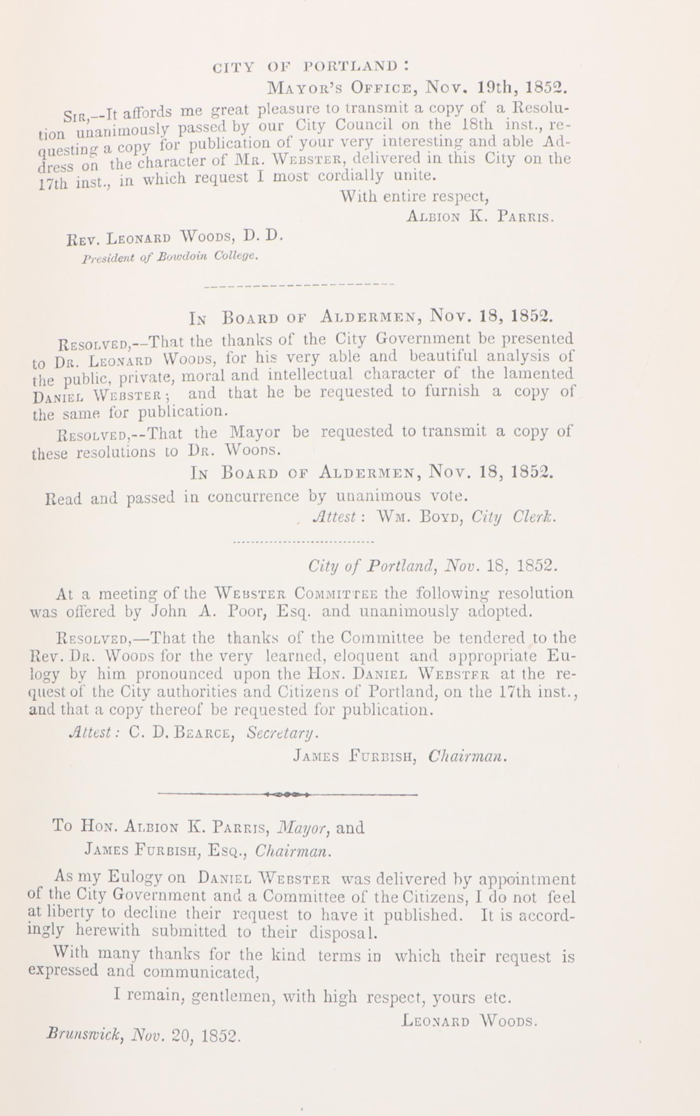 "A Eulogy on Daniel Webster" by Leonard Woods, 1852