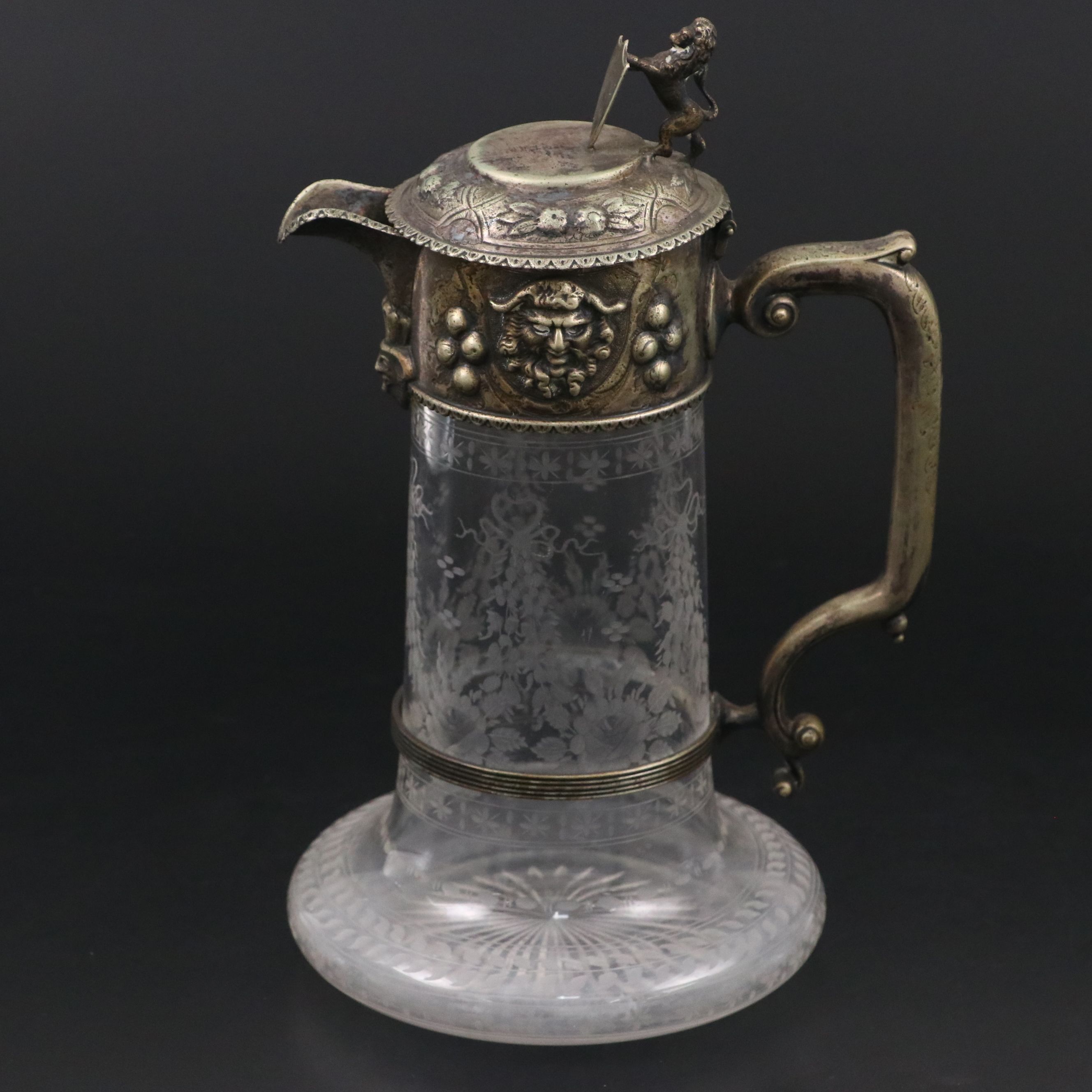 Victorian Etched Glass and Silver Plate Wine Jug with Armorial Finial