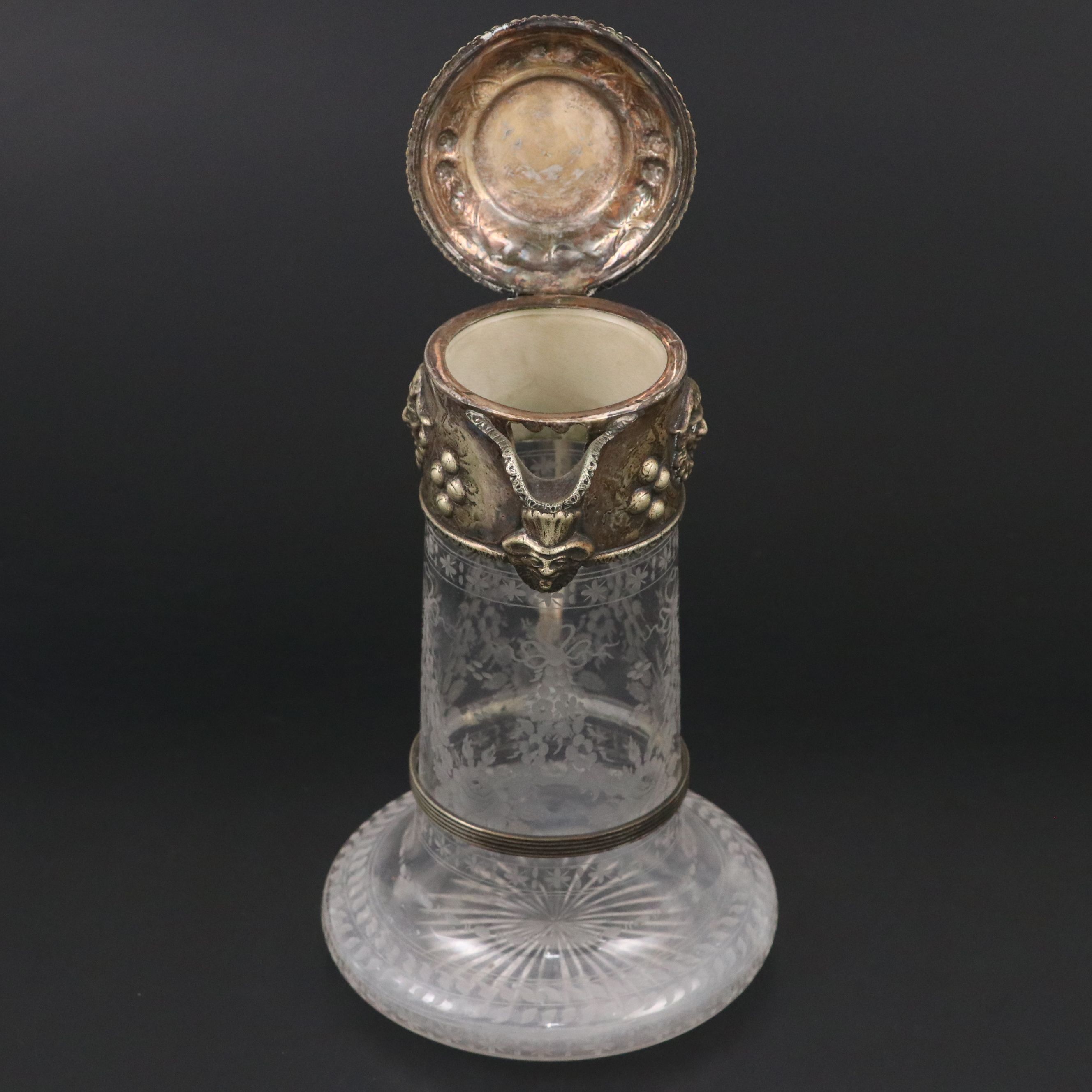 Victorian Etched Glass and Silver Plate Wine Jug with Armorial Finial