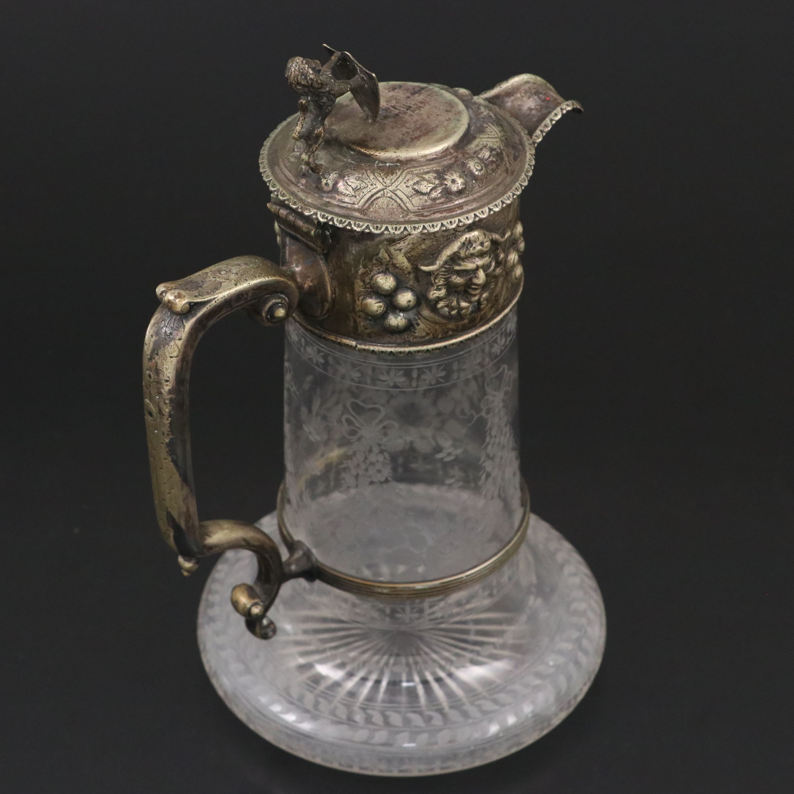 Victorian Etched Glass and Silver Plate Wine Jug with Armorial Finial