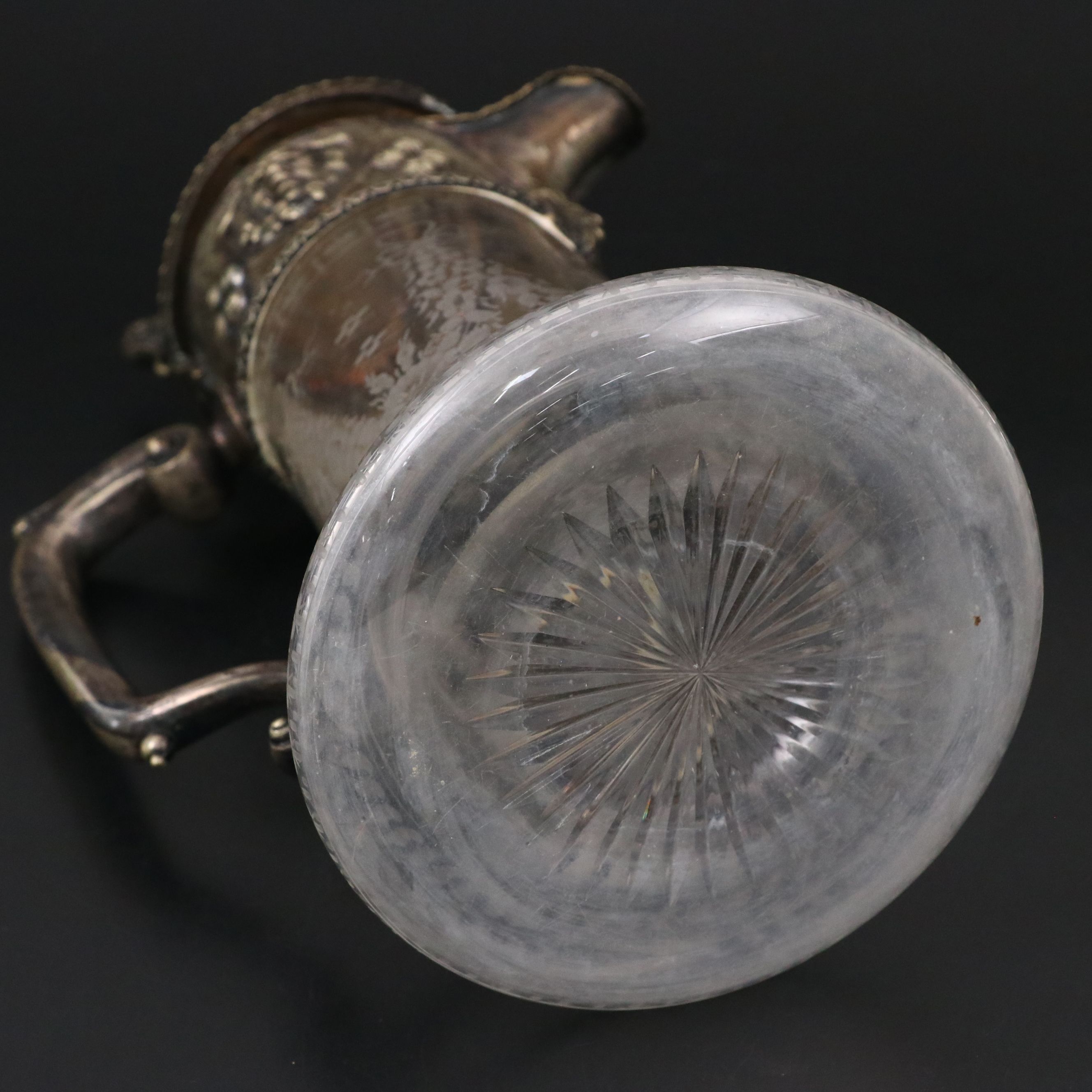 Victorian Etched Glass and Silver Plate Wine Jug with Armorial Finial