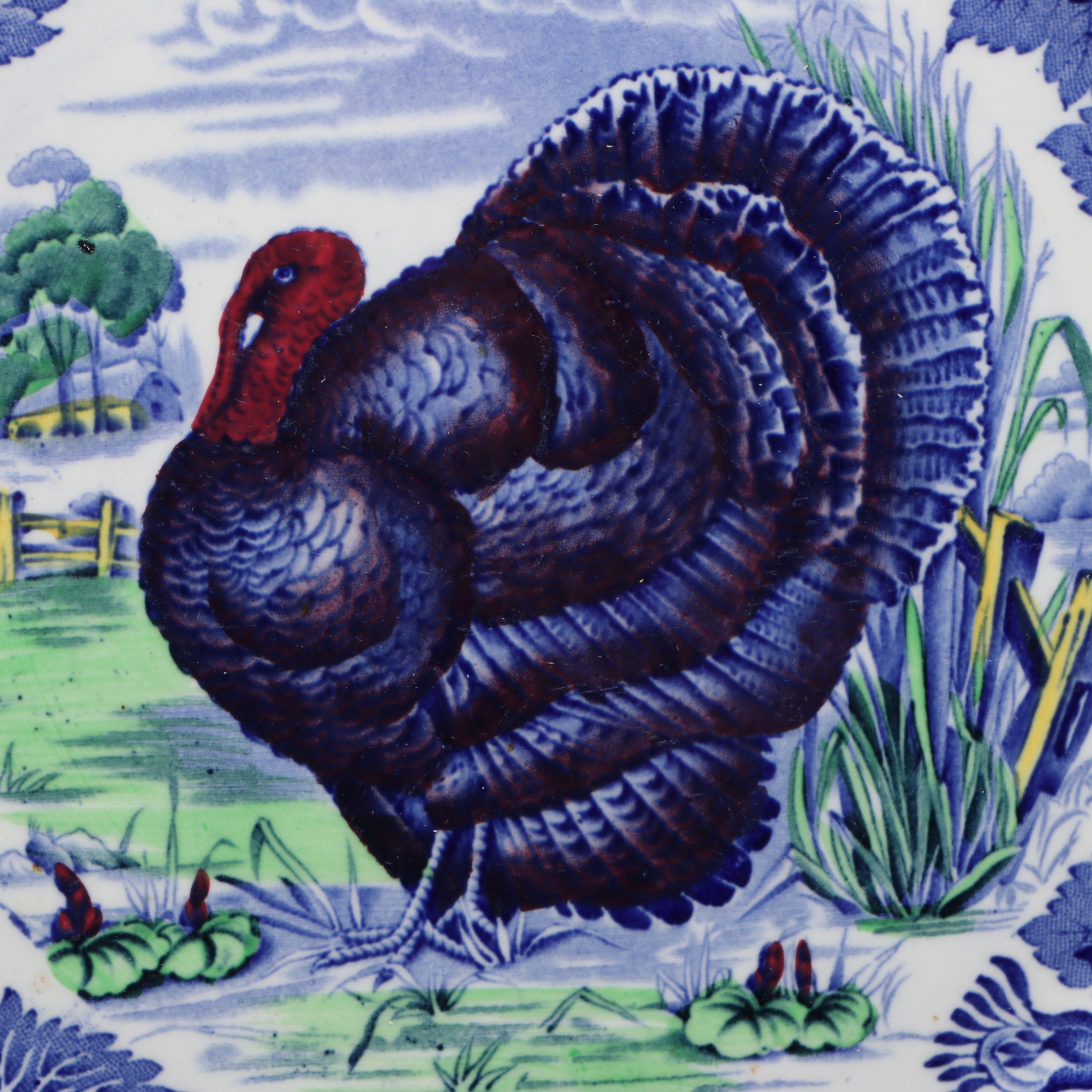 Wood & Sons Blue Polychrome Transferware Tom Turkey Plate, 20th Century