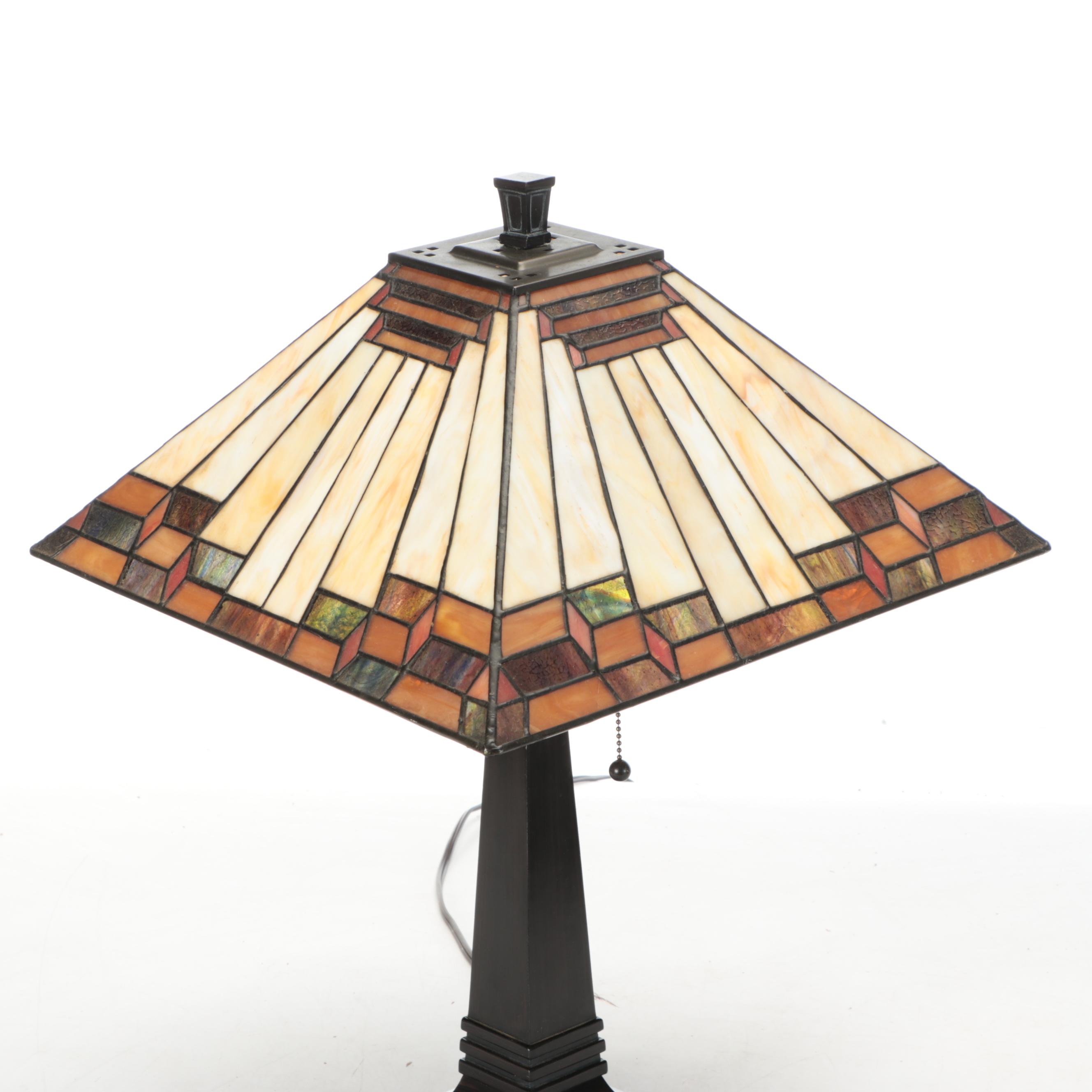 Prairie Style ORB Metal Table Lamps with Slag Glass Pyramid Shades