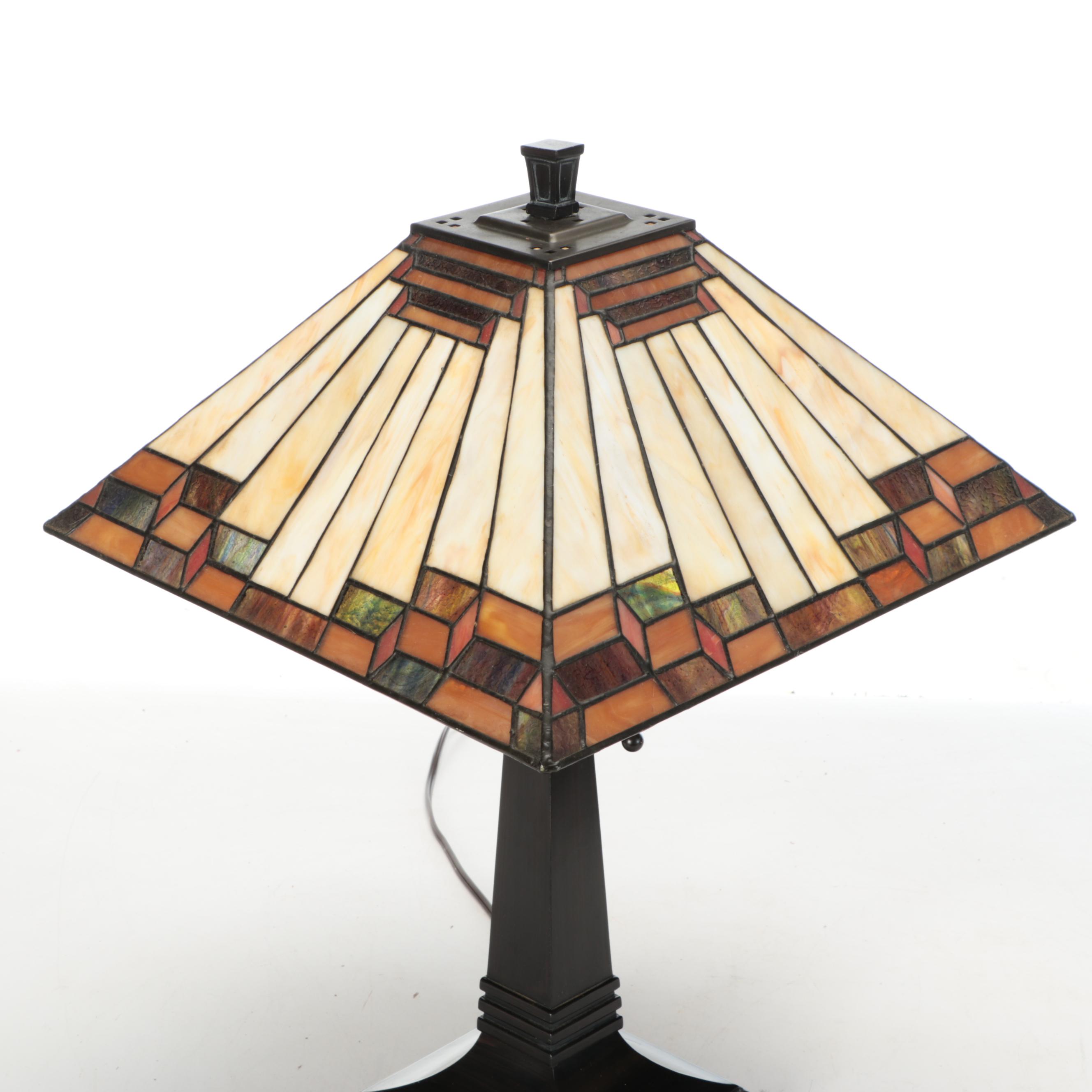 Prairie Style ORB Metal Table Lamps with Slag Glass Pyramid Shades