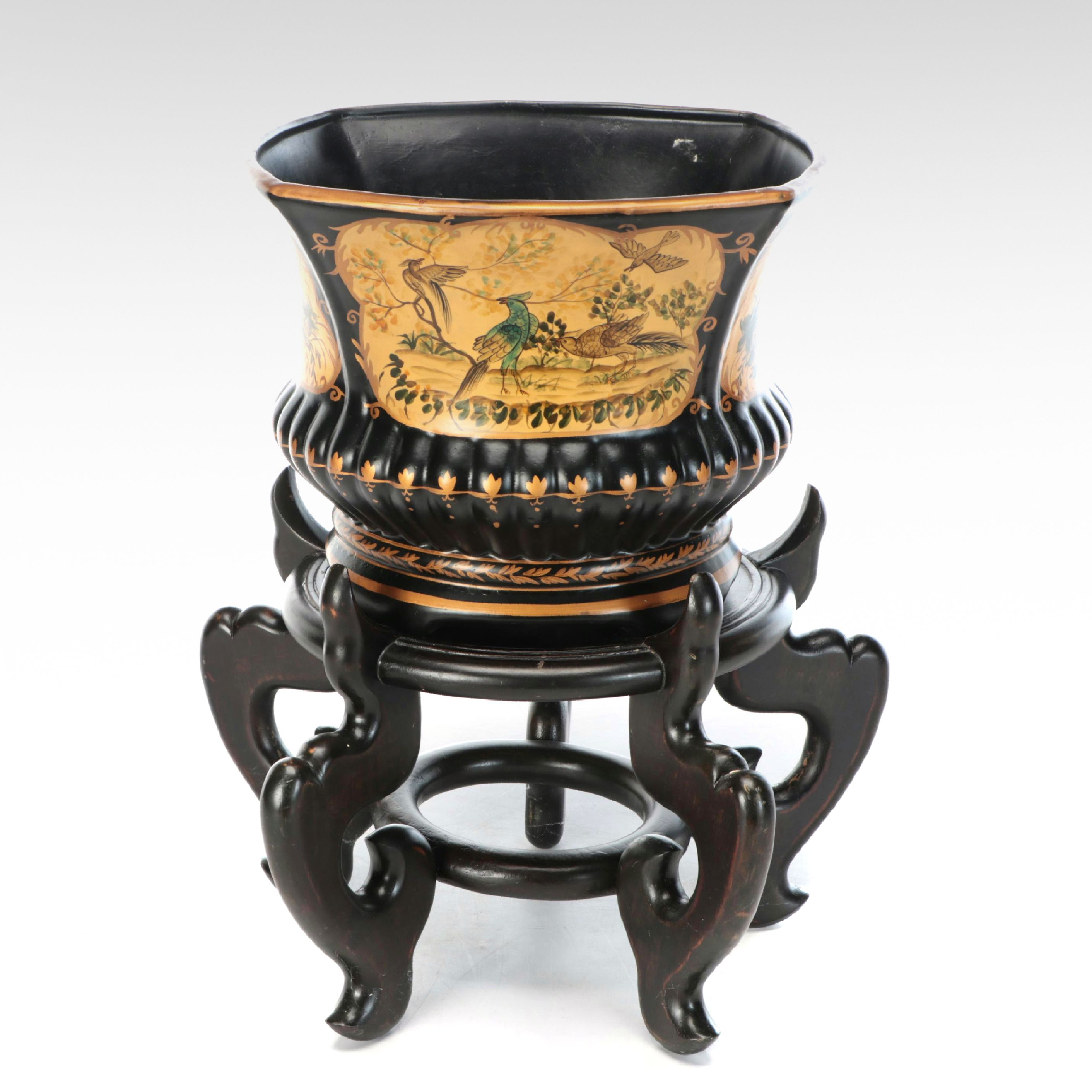Chinese Glazed Ceramic Planter on Carved Wood Stand