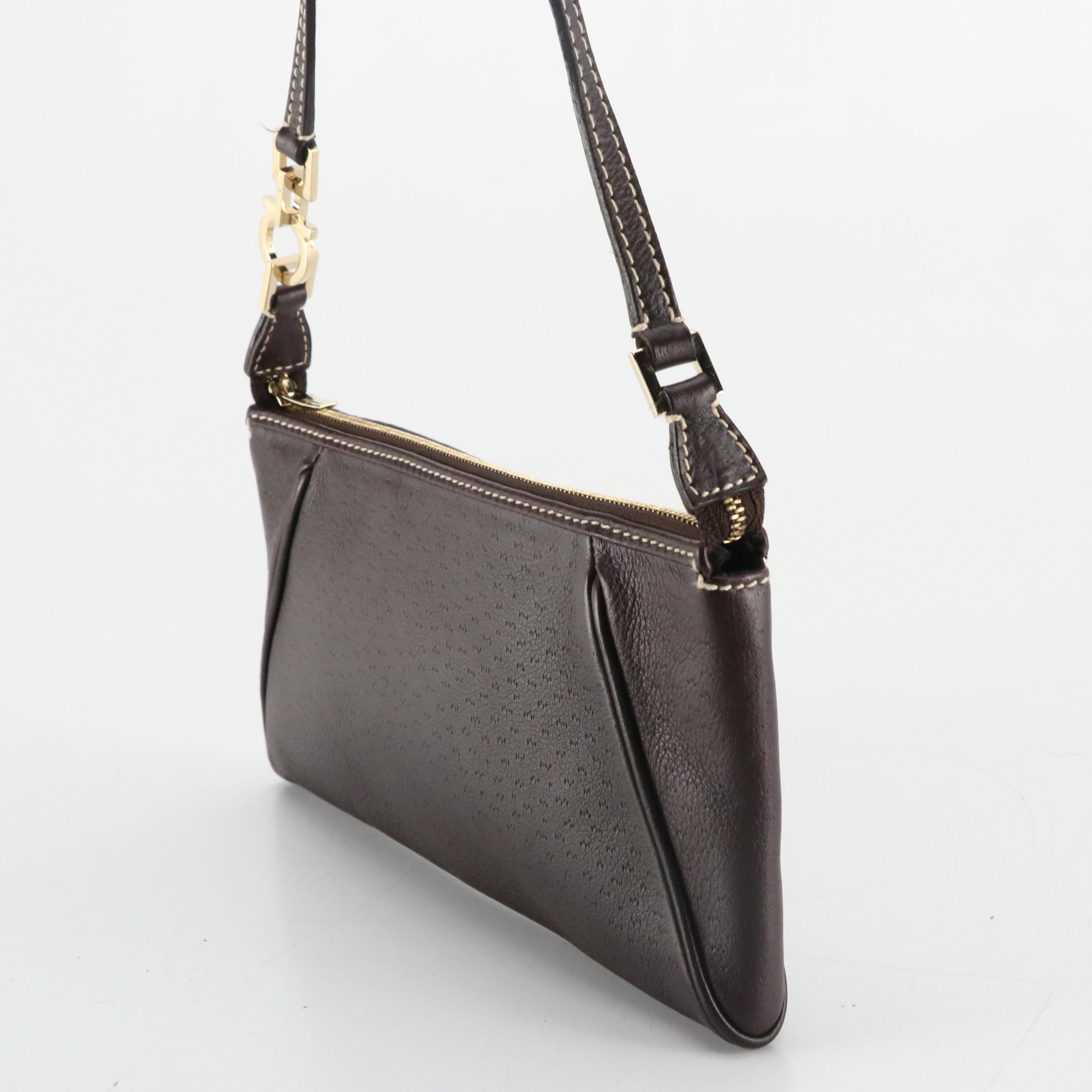 Salvatore Ferragamo Gancini Flat Shoulder Bag in Dark Chocolate Leather